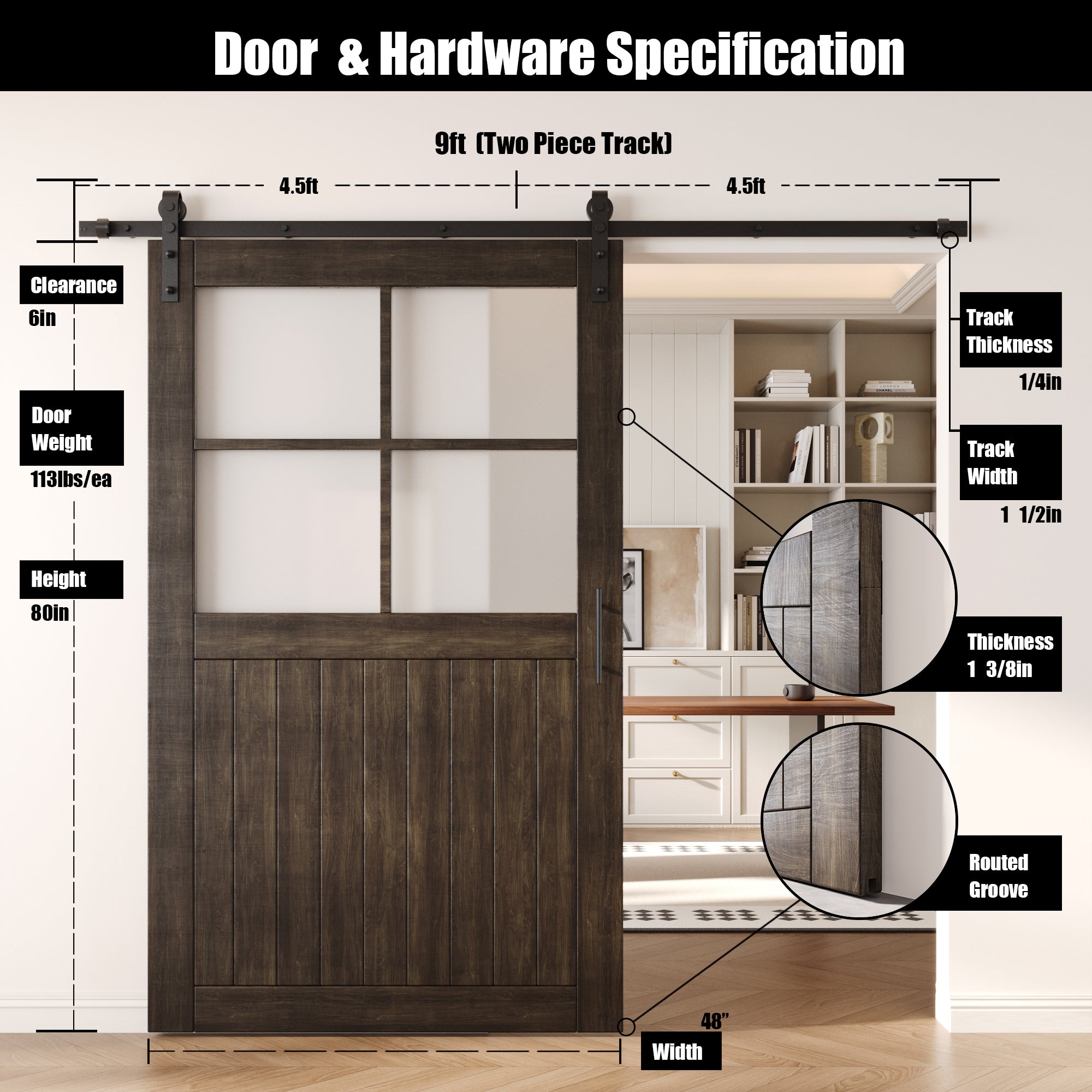 80" Height Ebony Half Lite Grid Glass Unassembled & Finished Pine Wood Barn Door with Non-Bypass Installation Hardware Kit (Interior Use Only)