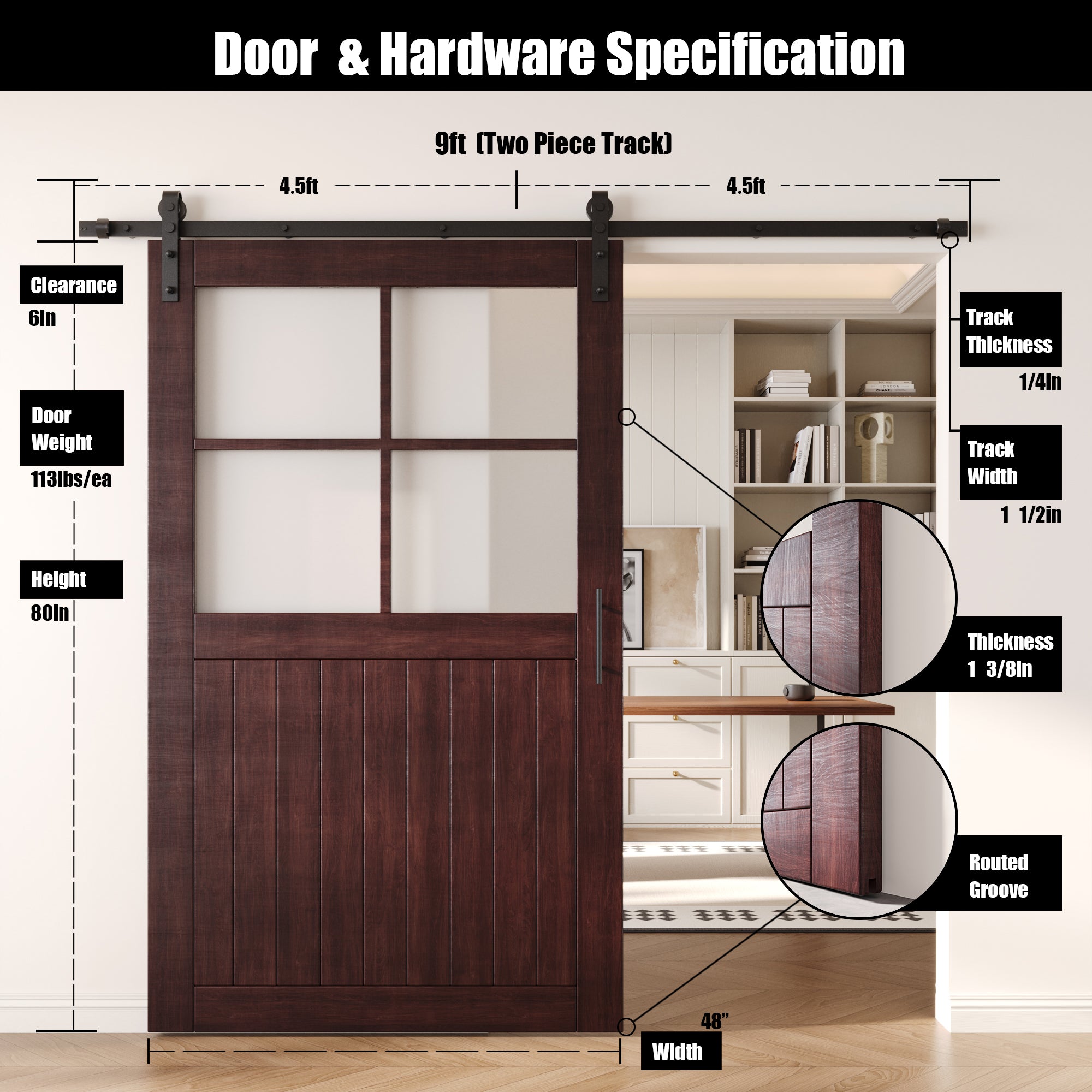 80" Height Red Mahogany Half Lite Grid Glass Unassembled & Finished Pine Wood Barn Door with Non-Bypass Installation Hardware Kit (Interior Use Only)