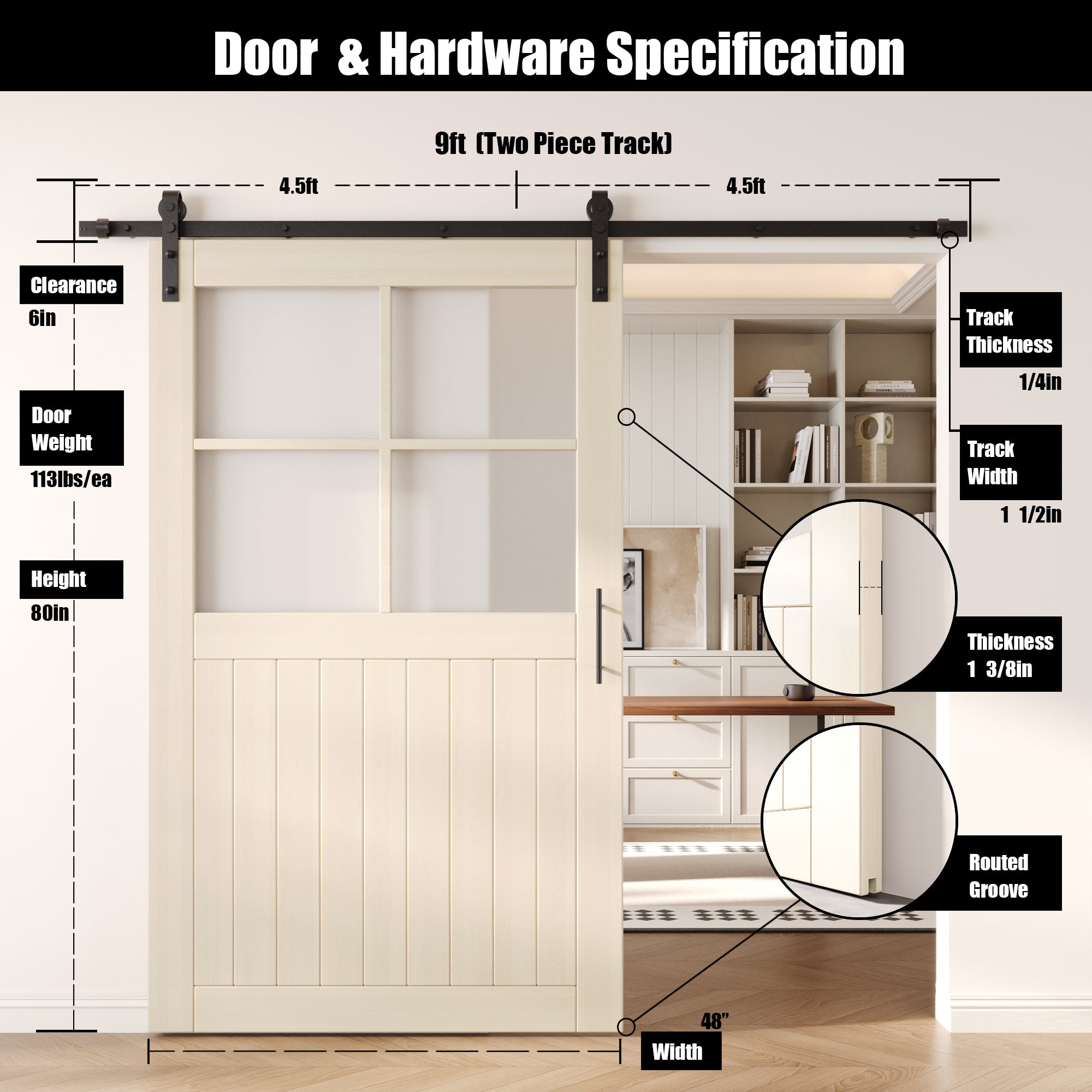 80" Height Tinsmith Gray Half Lite Grid Glass Unassembled & Finished Pine Wood Barn Door with Non-Bypass Installation Hardware Kit (Interior Use Only)