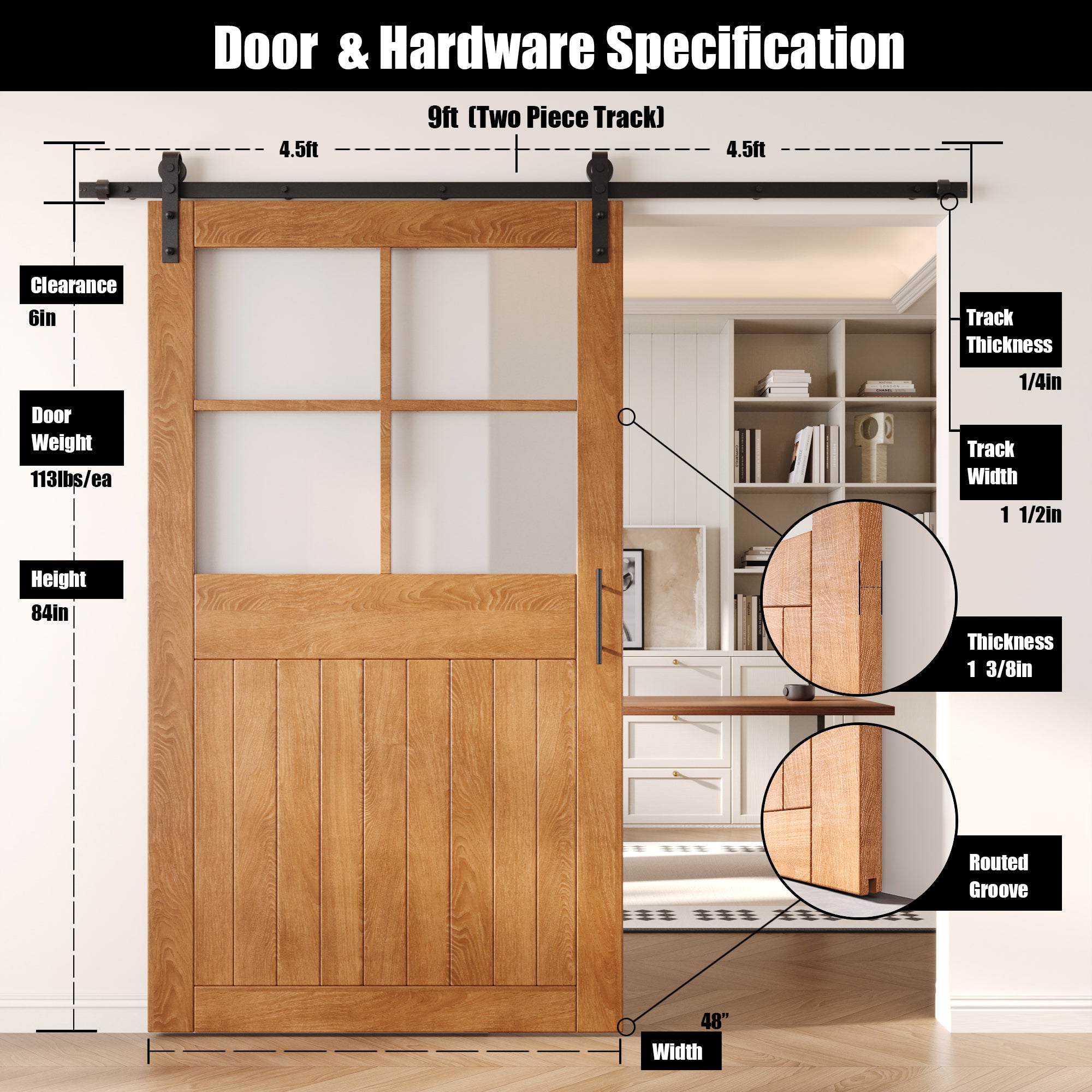 84" Height Early American Half Lite Grid Glass Unassembled & Finished Pine Wood Barn Door with Non-Bypass Installation Hardware Kit (Interior Use Only)