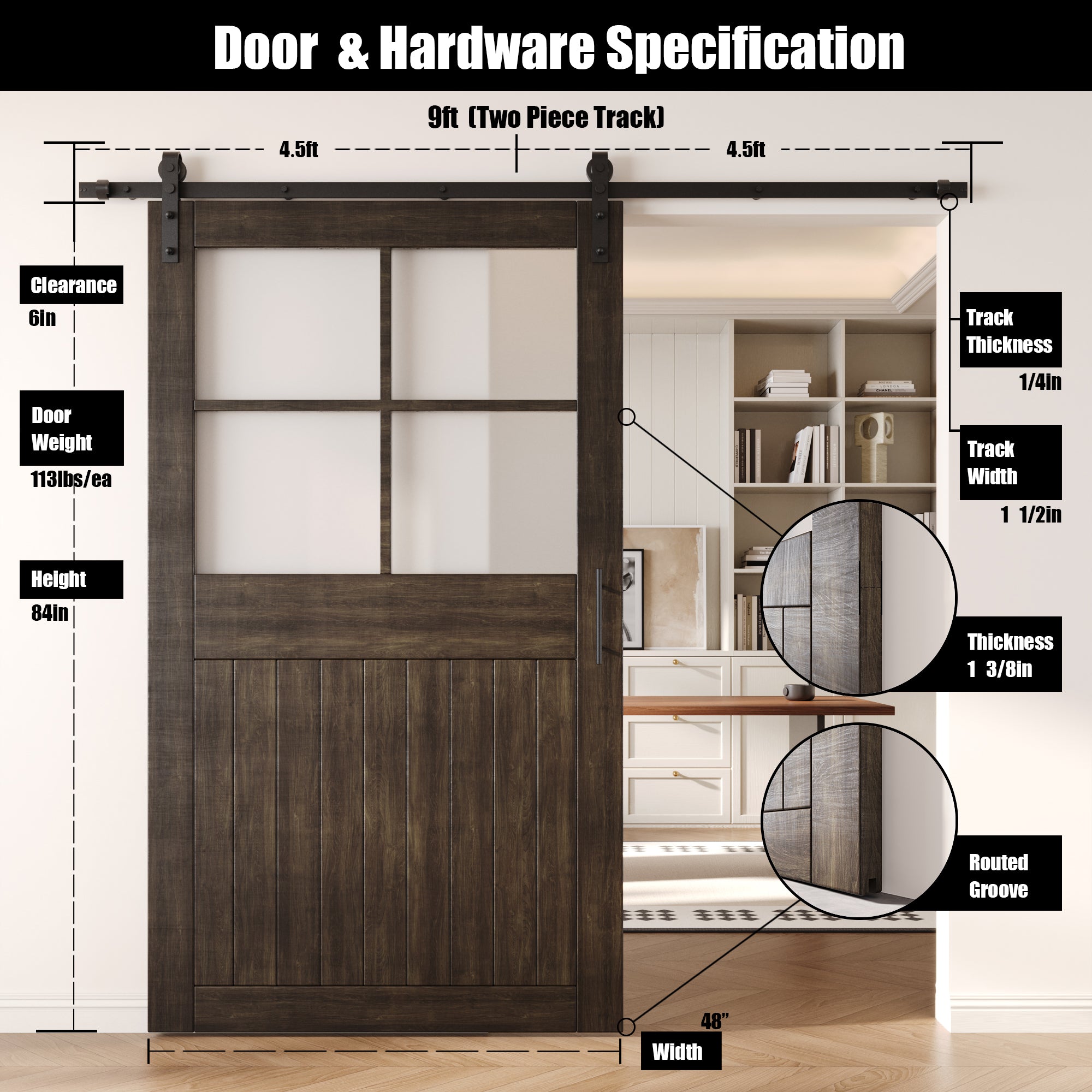 84" Height Ebony Half Lite Grid Glass Unassembled & Finished Pine Wood Barn Door with Non-Bypass Installation Hardware Kit (Interior Use Only)