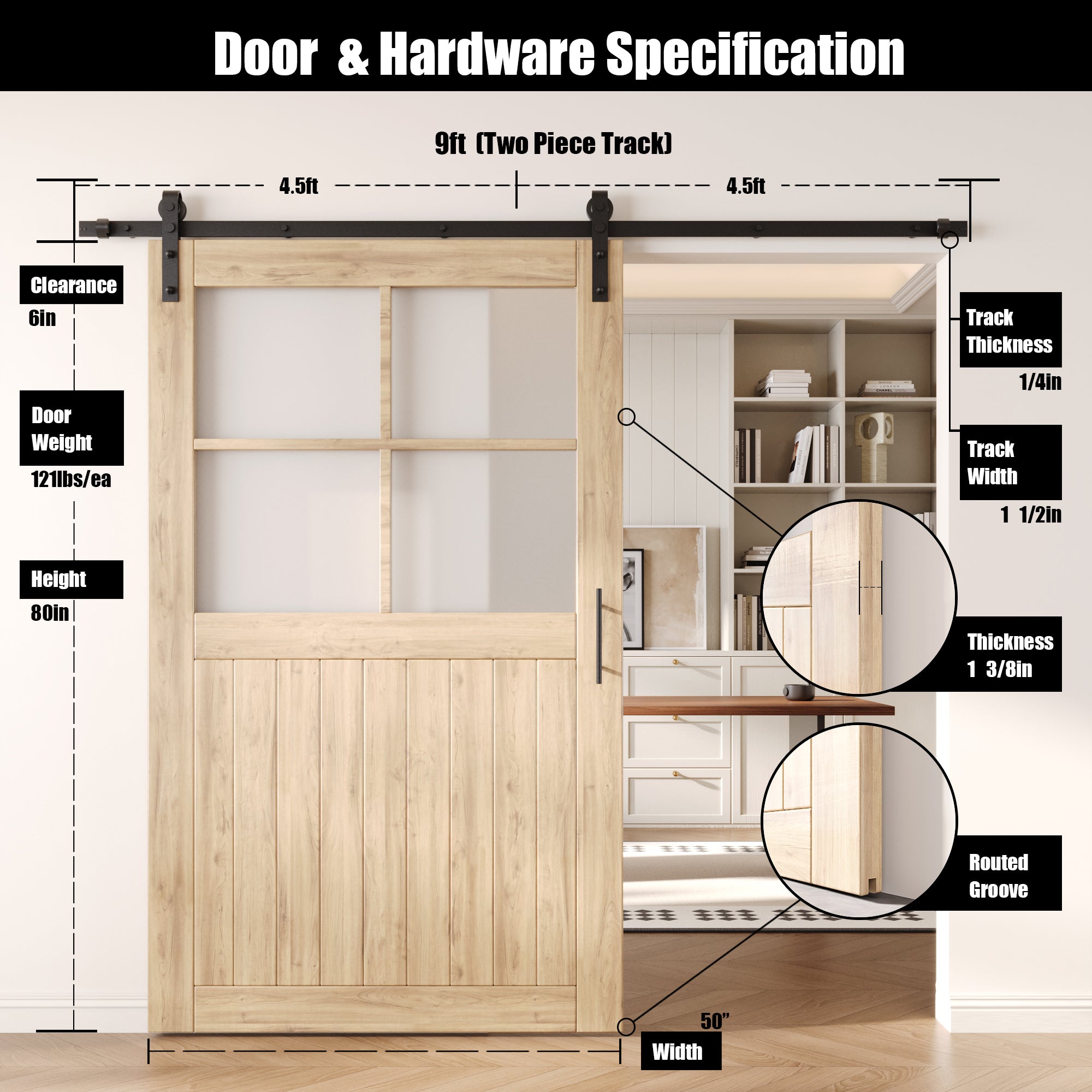 80" Height Half Lite Grid Glass Unassembled & Unfinished Pine Wood Barn Door with Non-Bypass Installation Hardware Kit (Interior Use Only)
