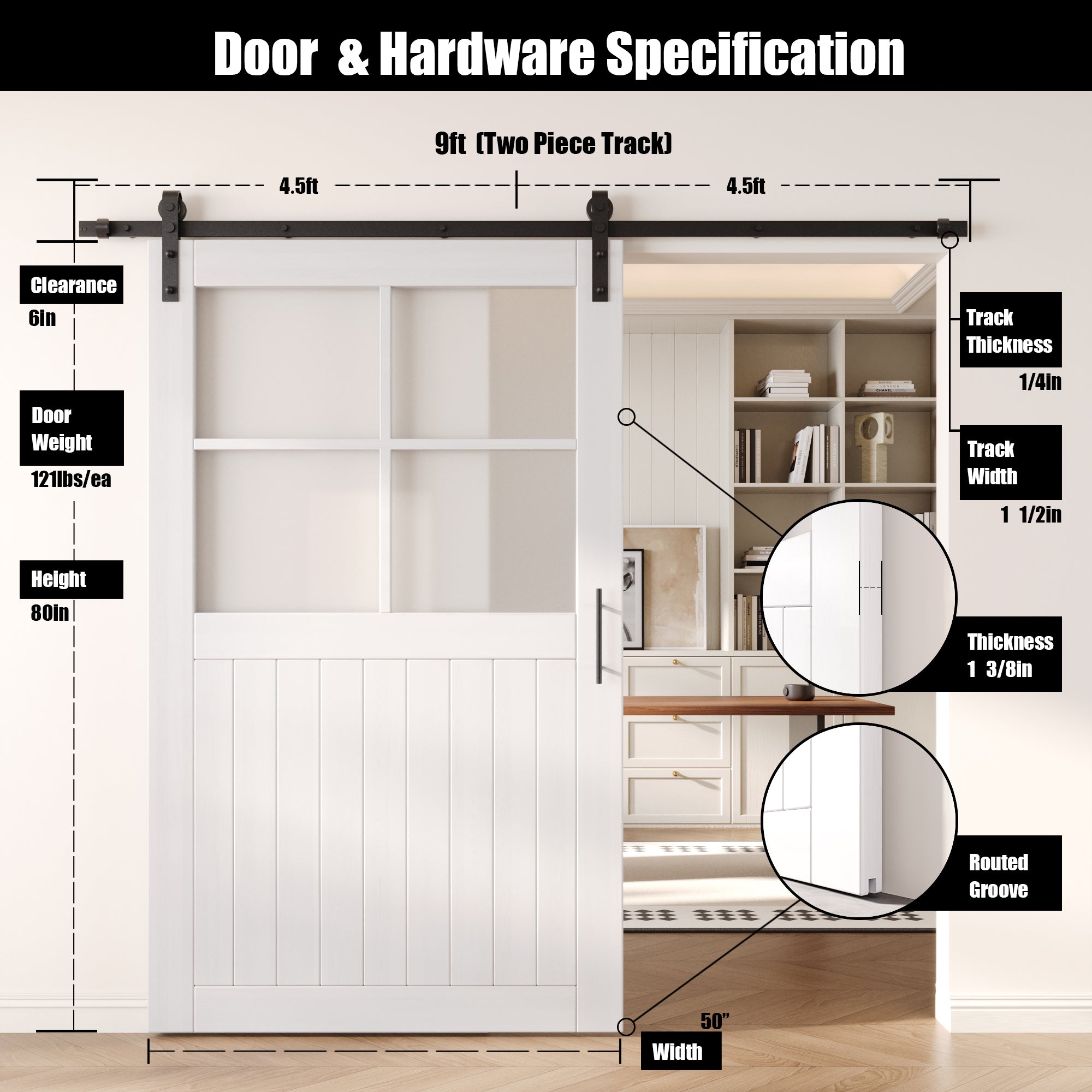 80" Height White Half Lite Grid Glass Unassembled & Finished Pine Wood Barn Door with Non-Bypass Installation Hardware Kit (Interior Use Only)
