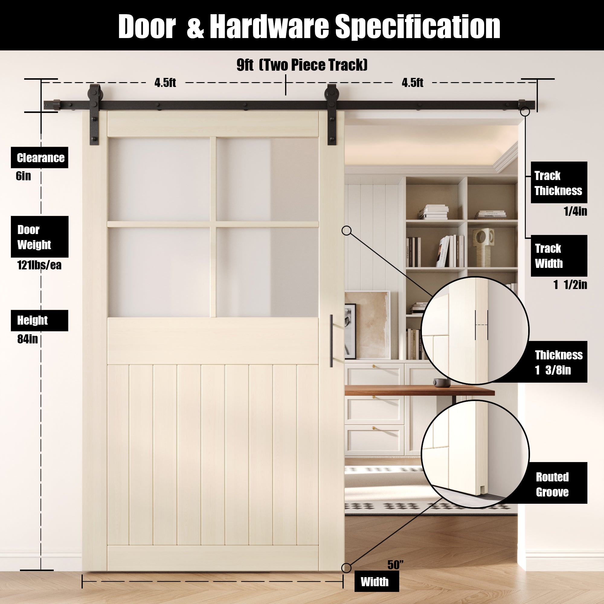 84" Height Tinsmith Gray Half Lite Grid Glass Unassembled & Finished Pine Wood Barn Door with Non-Bypass Installation Hardware Kit (Interior Use Only)