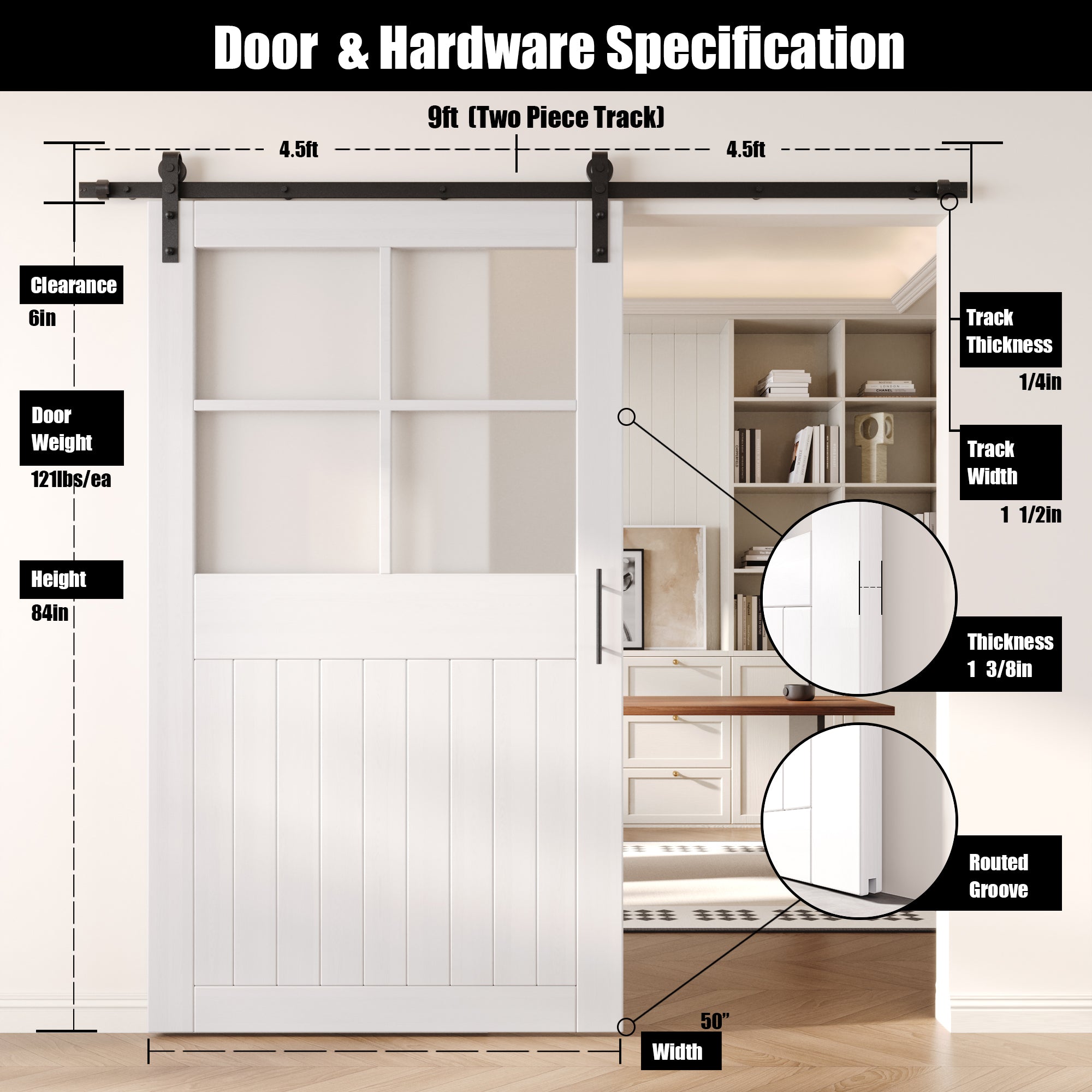 84" Height White Half Lite Grid Glass Unassembled & Finished Pine Wood Barn Door with Non-Bypass Installation Hardware Kit (Interior Use Only)