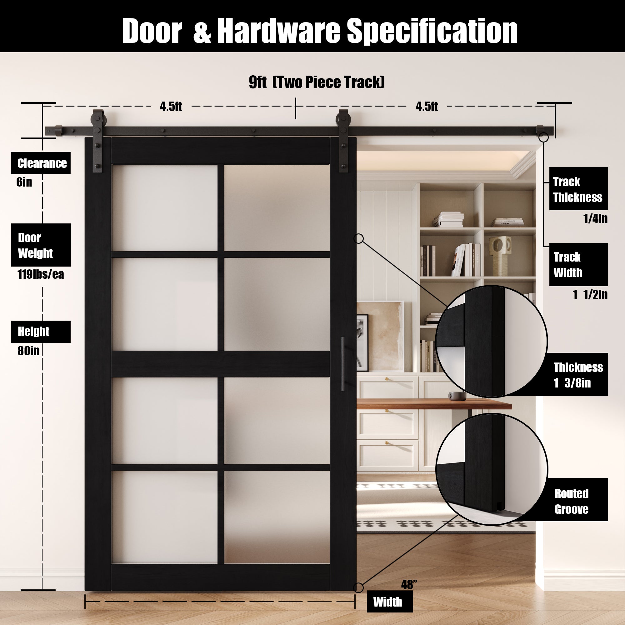 80" Height Black 8-Lite Frosted Glass Unassembled & Finished Pine Wood Barn Door with Non-Bypass Installation Hardware Kit (Interior Use Only)
