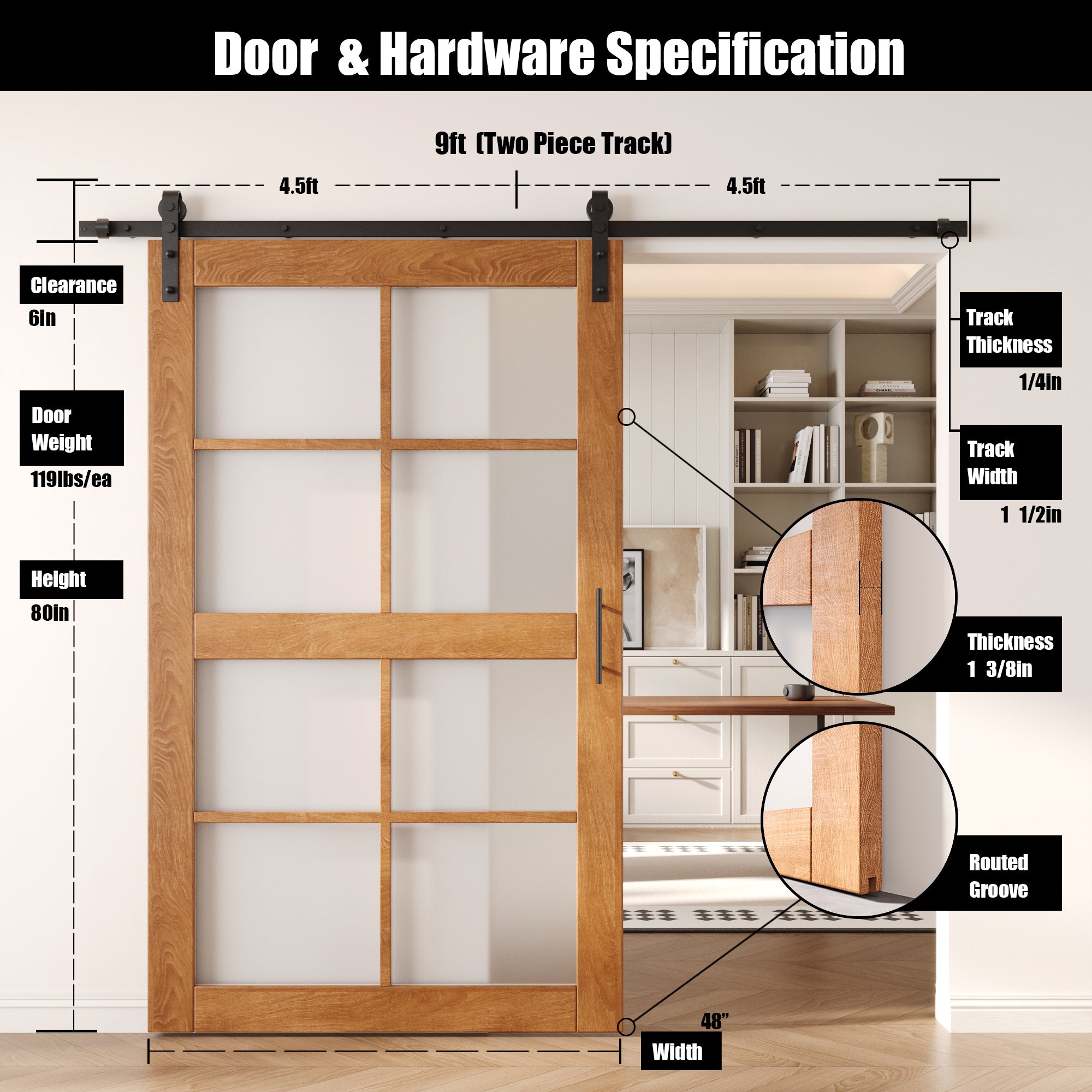 80" Height Early American 8-Lite Frosted Glass Unassembled & Finished Pine Wood Barn Door with Non-Bypass Installation Hardware Kit (Interior Use Only)