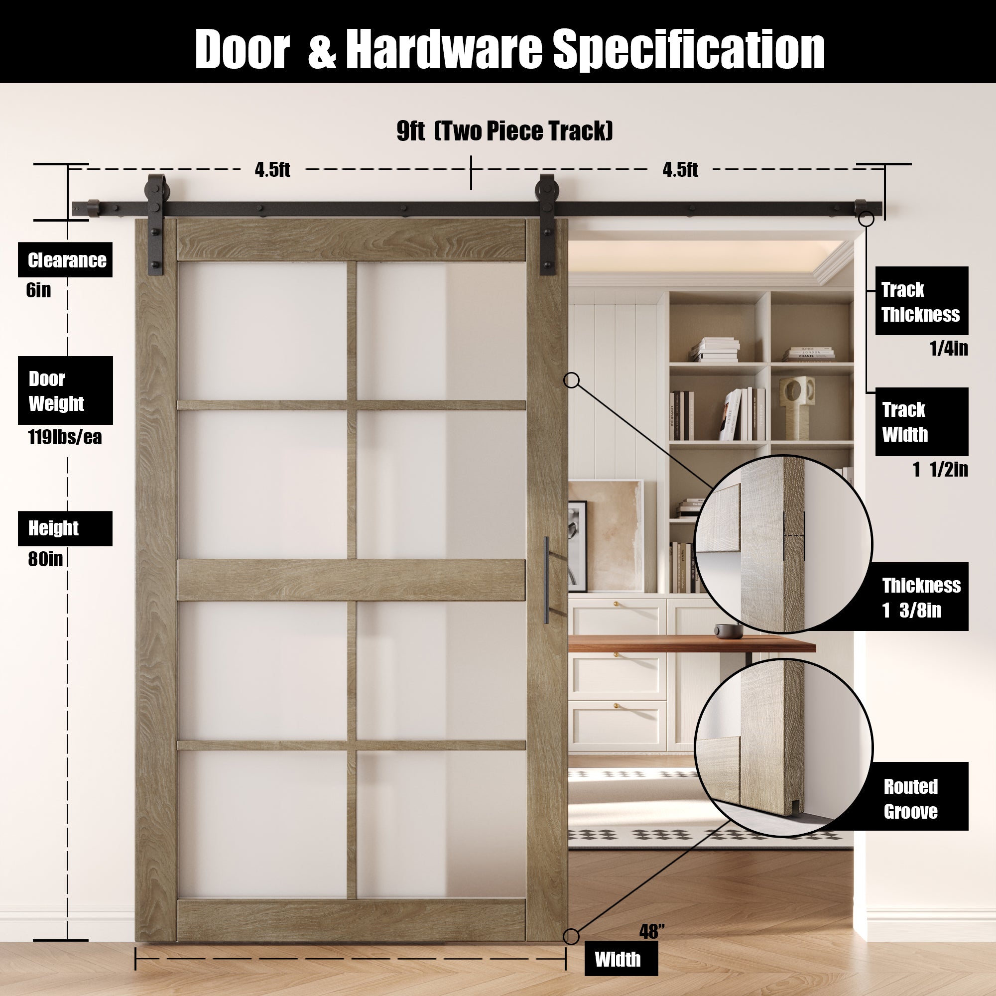 80" Height Classic Gray 8-Lite Frosted Glass Unassembled & Finished Pine Wood Barn Door with Non-Bypass Installation Hardware Kit (Interior Use Only)