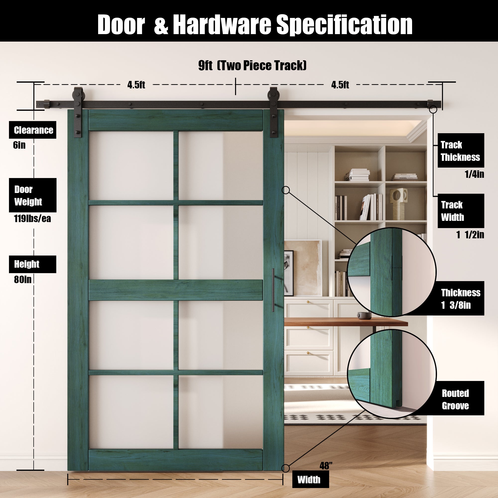80" Height Royal Pine 8-Lite Frosted Glass Unassembled & Finished Pine Wood Barn Door with Non-Bypass Installation Hardware Kit (Interior Use Only)