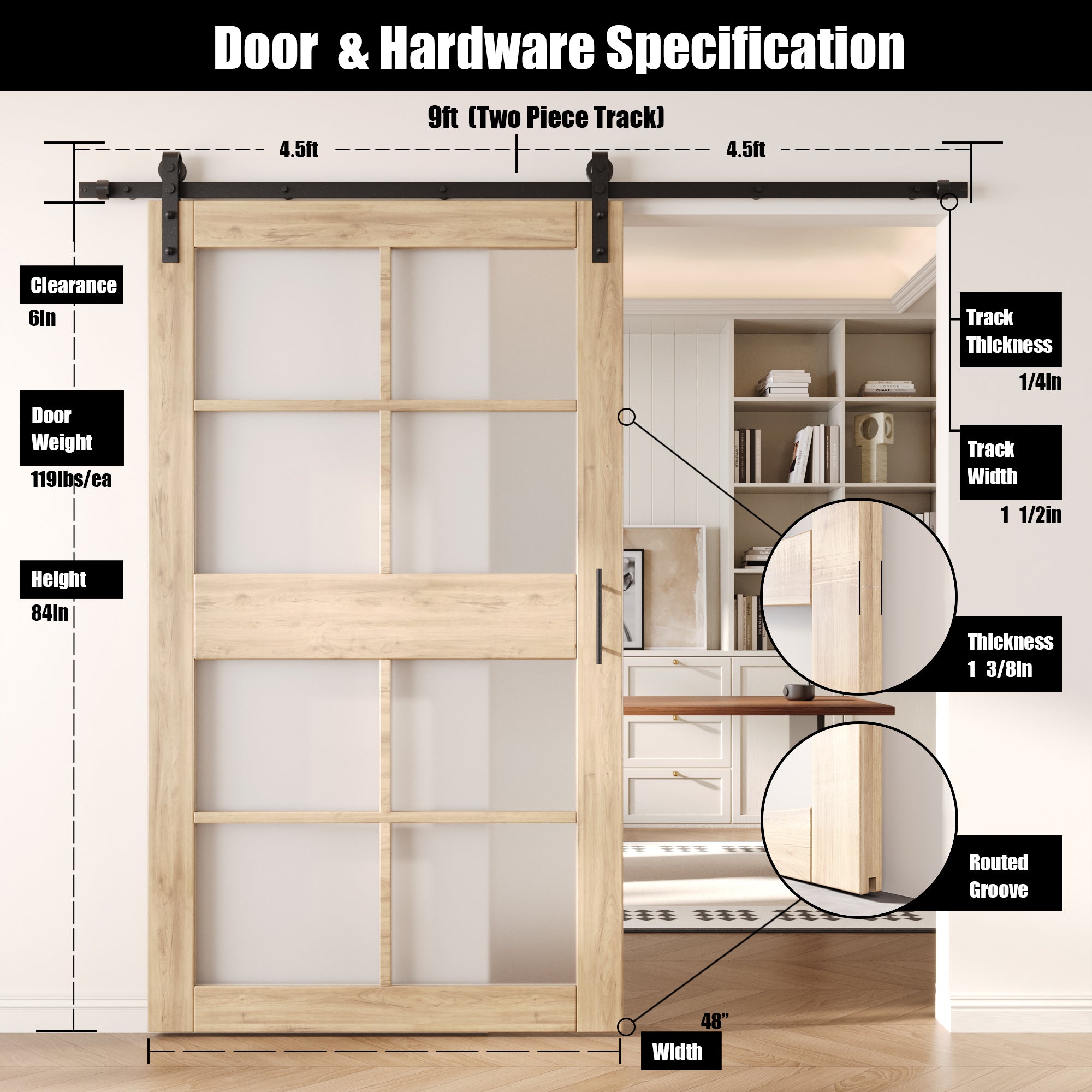 84" Height 8-Lite Frosted Glass Unassembled & Unfinished Pine Wood Barn Door with Non-Bypass Installation Hardware Kit (Interior Use Only)