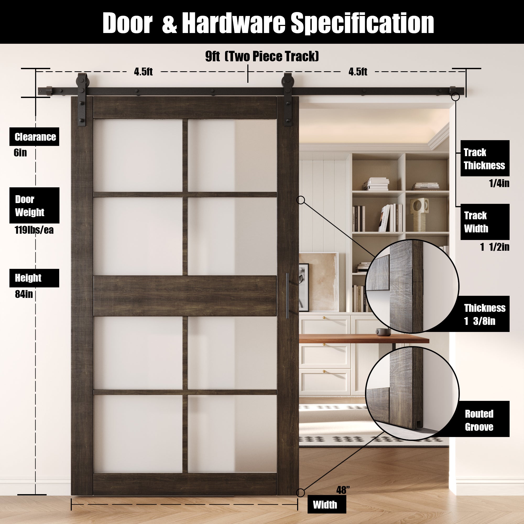 84" Height Ebony 8-Lite Frosted Glass Unassembled & Finished Pine Wood Barn Door with Non-Bypass Installation Hardware Kit (Interior Use Only)
