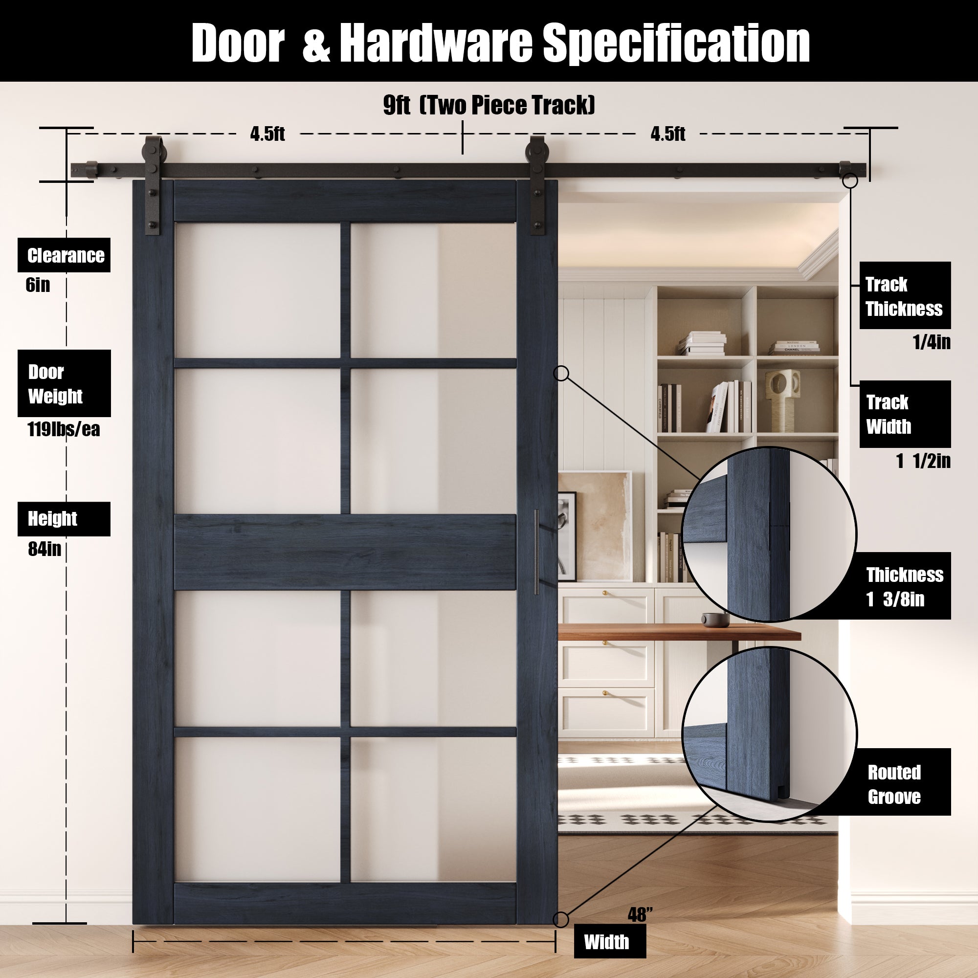 84" Height Navy 8-Lite Frosted Glass Unassembled & Finished Pine Wood Barn Door with Non-Bypass Installation Hardware Kit (Interior Use Only)