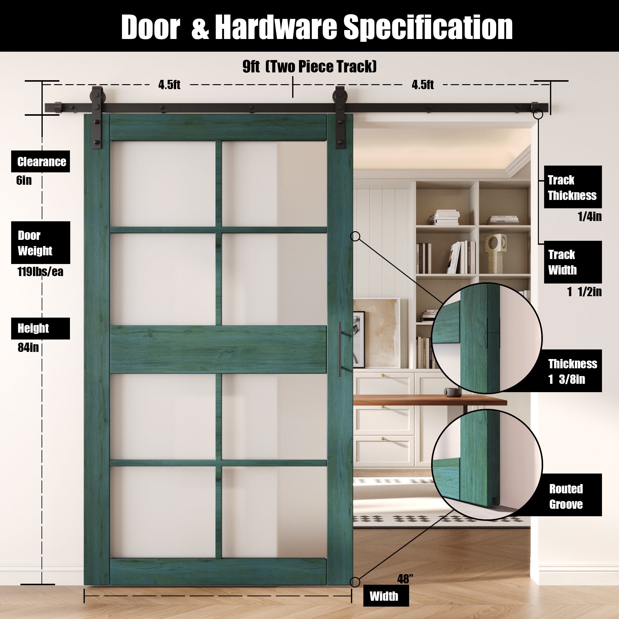 84" Height Royal Pine 8-Lite Frosted Glass Unassembled & Finished Pine Wood Barn Door with Non-Bypass Installation Hardware Kit (Interior Use Only)