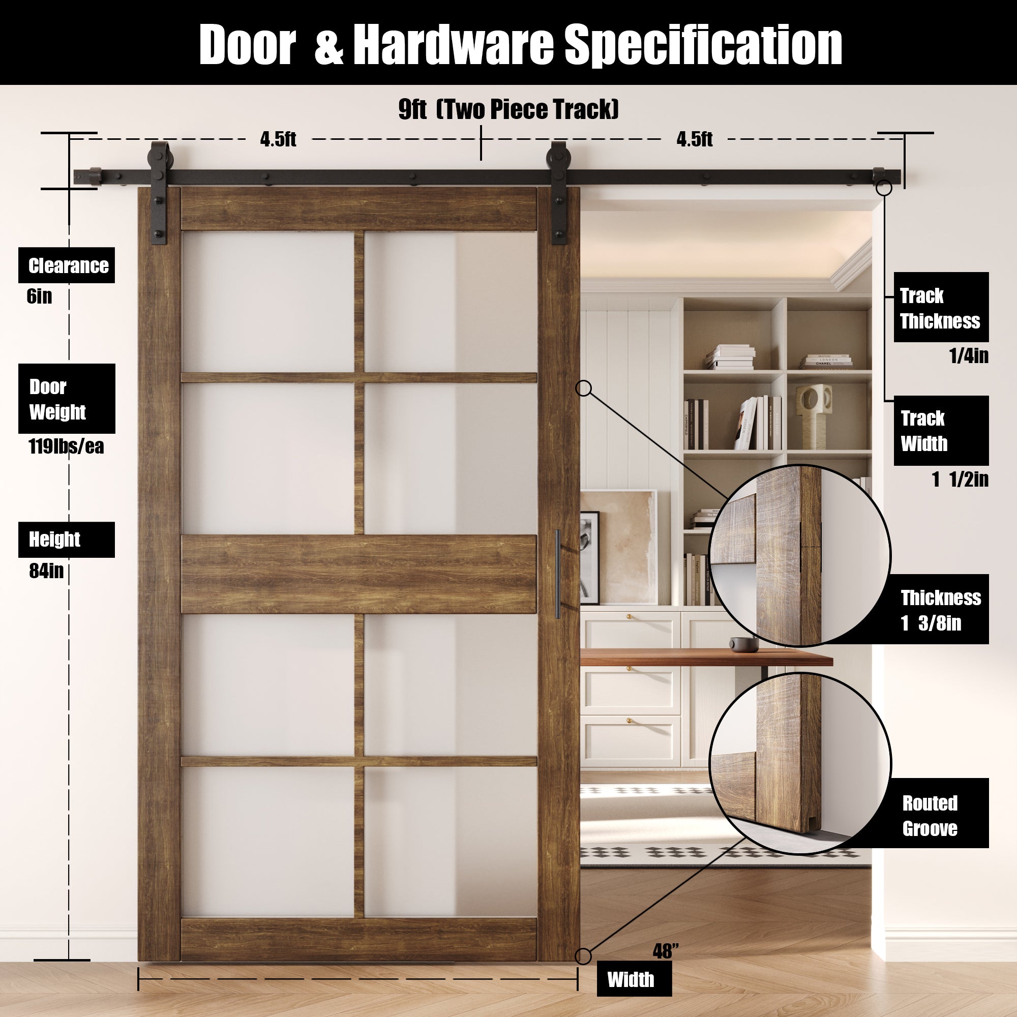 84" Height Dark Walnut 8-Lite Frosted Glass Unassembled & Finished Pine Wood Barn Door with Non-Bypass Installation Hardware Kit (Interior Use Only)