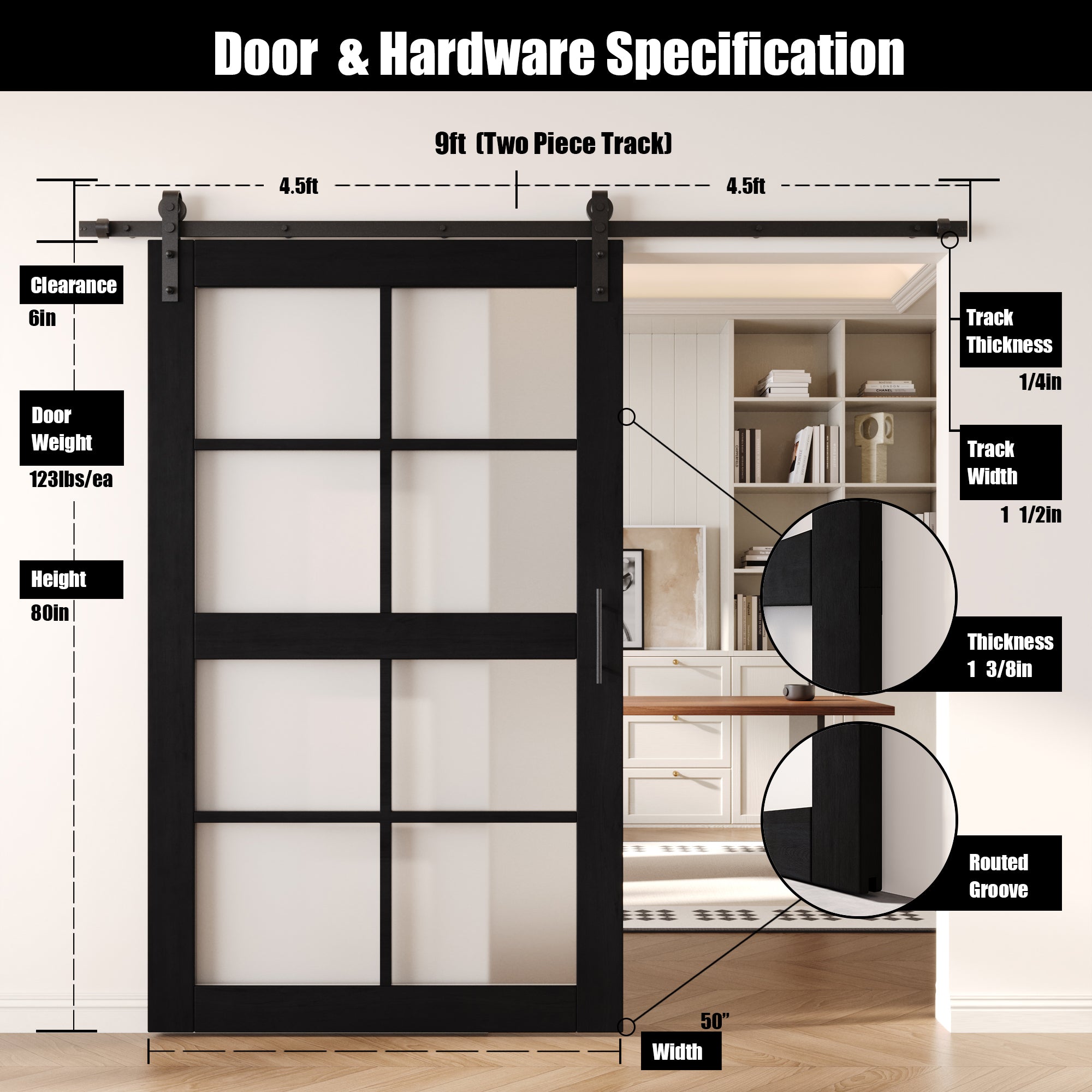 80" Height Black 8-Lite Frosted Glass Unassembled & Finished Pine Wood Barn Door with Non-Bypass Installation Hardware Kit (Interior Use Only)
