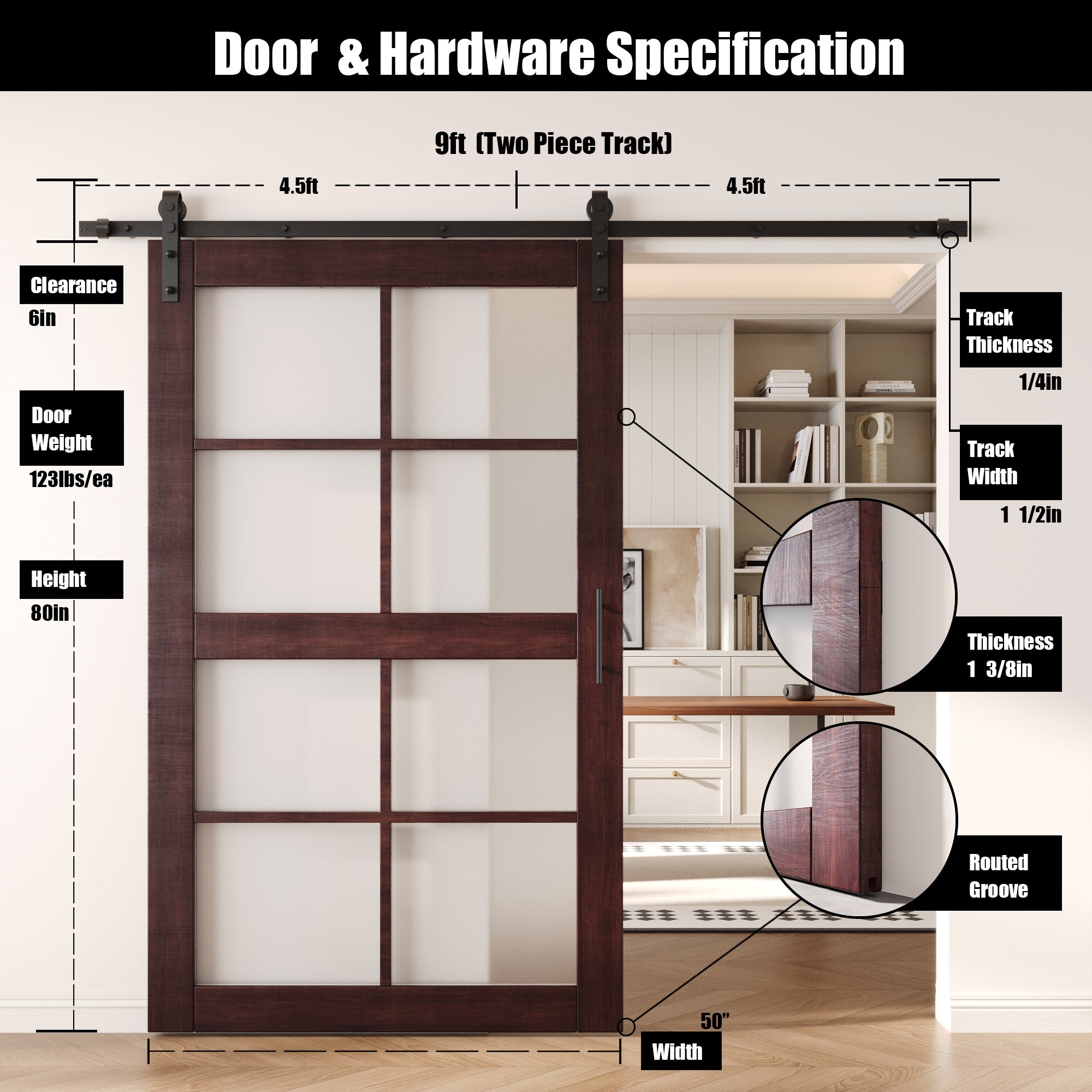 80" Height Red Mahogany 8-Lite Frosted Glass Unassembled & Finished Pine Wood Barn Door with Non-Bypass Installation Hardware Kit (Interior Use Only)