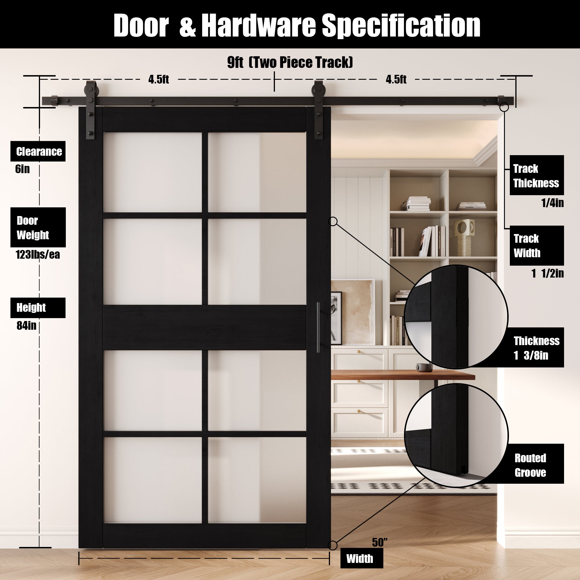 84" Height Black 8-Lite Frosted Glass Unassembled & Finished Pine Wood Barn Door with Non-Bypass Installation Hardware Kit (Interior Use Only)