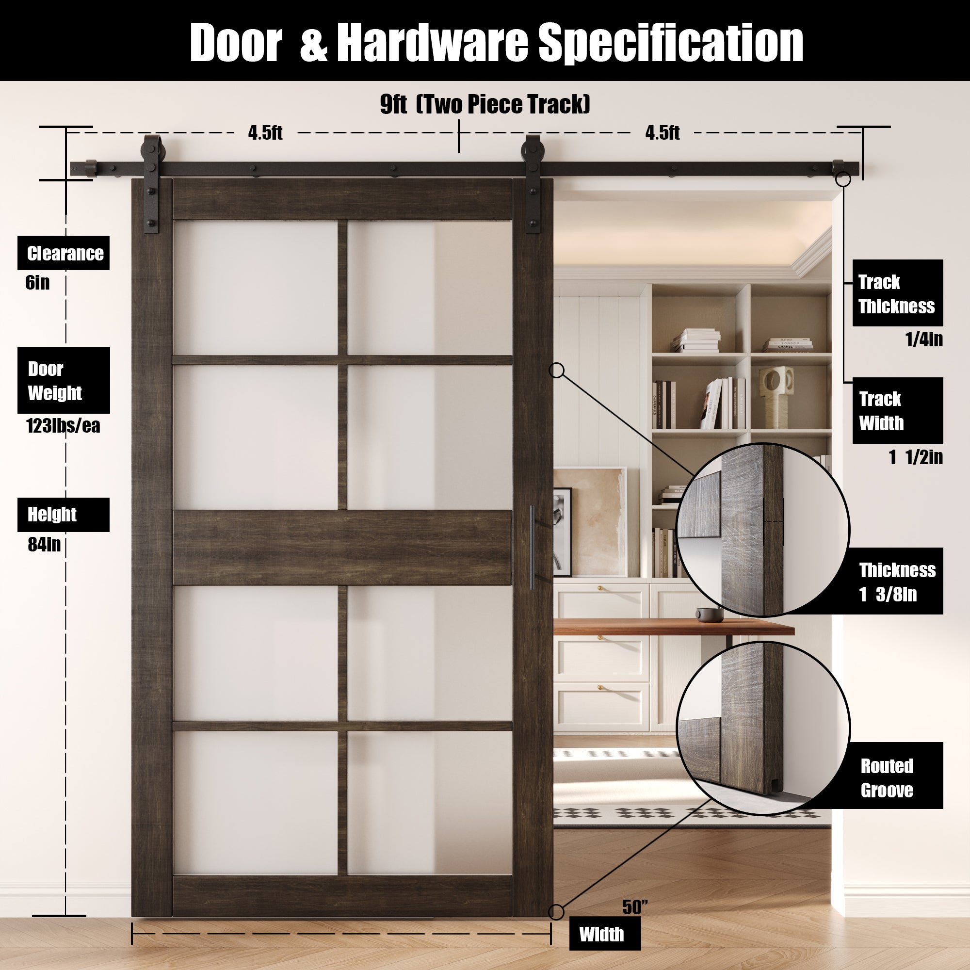 84" Height Ebony 8-Lite Frosted Glass Unassembled & Finished Pine Wood Barn Door with Non-Bypass Installation Hardware Kit (Interior Use Only)