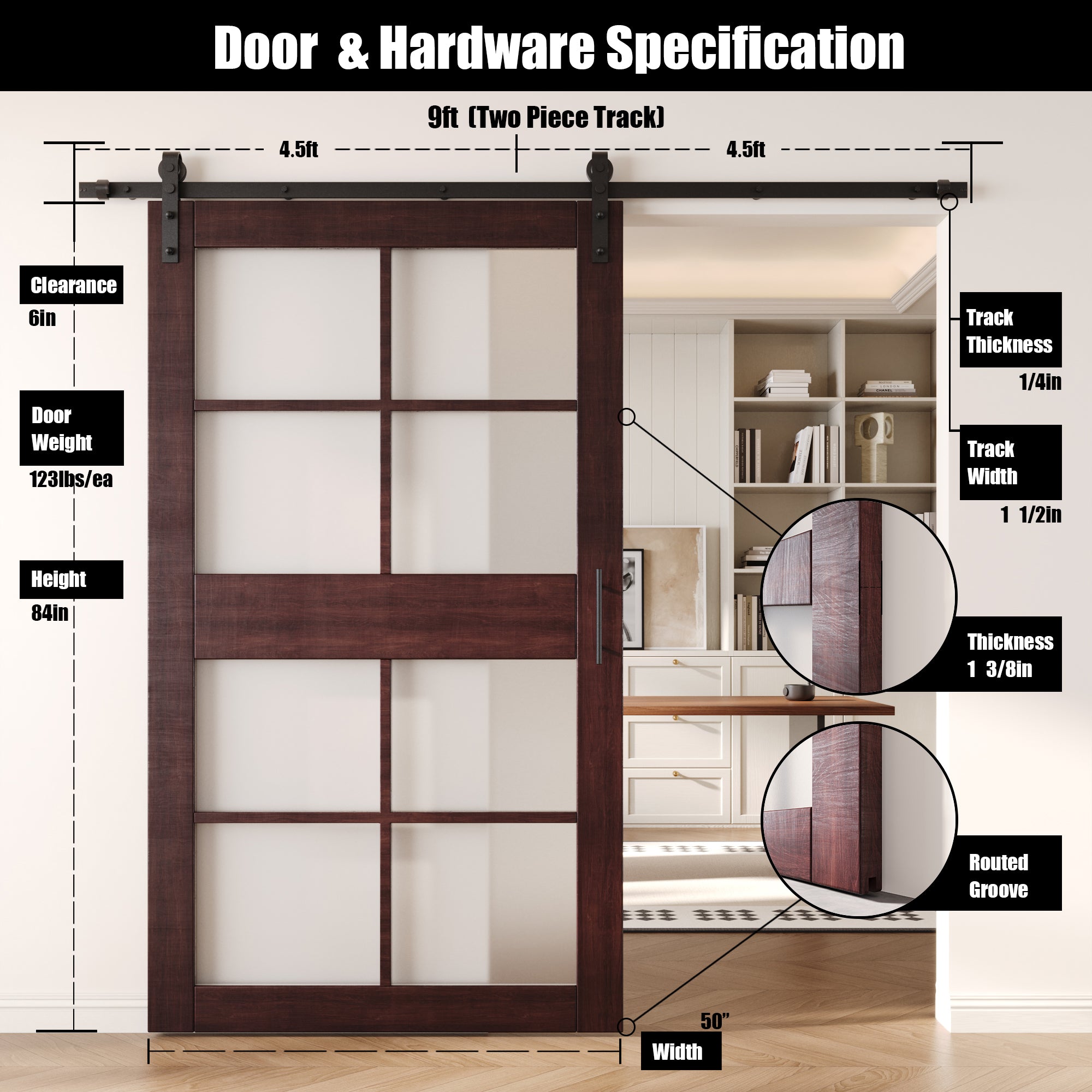 84" Height Red Mahogany 8-Lite Frosted Glass Unassembled & Finished Pine Wood Barn Door with Non-Bypass Installation Hardware Kit (Interior Use Only)
