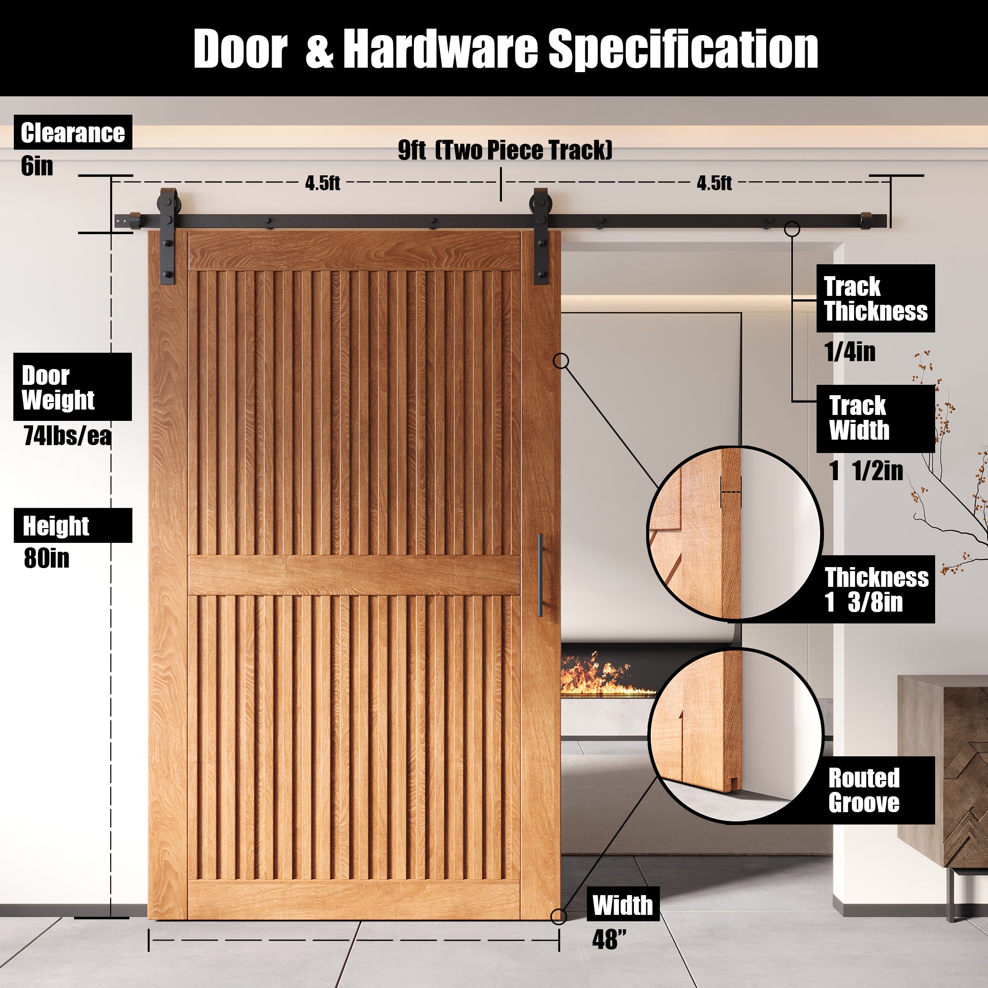 80" Height Early American Vertical Stripe Design Unassembled & Finished Pine Wood Barn Door with Non-Bypass Installation Hardware Kit(Interior Use Only)