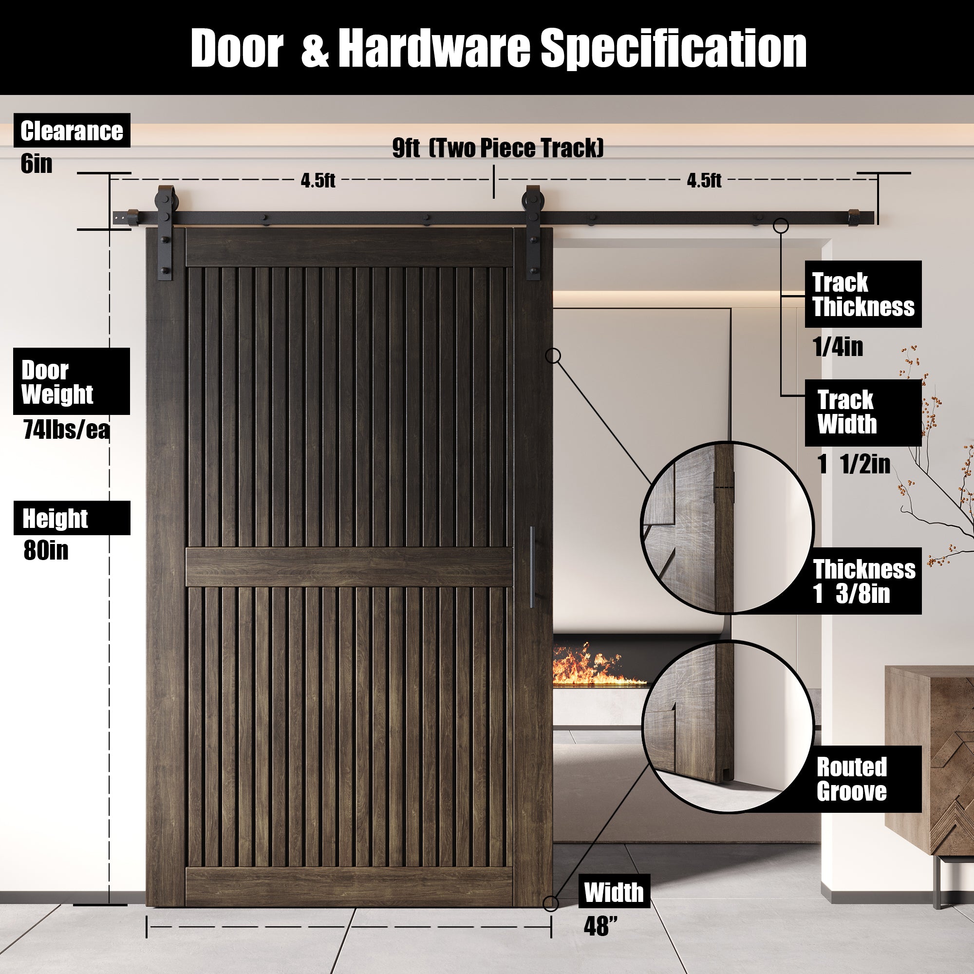80" Height Ebony Vertical Stripe Design Unassembled & Finished Pine Wood Barn Door with Non-Bypass Installation Hardware Kit(Interior Use Only)