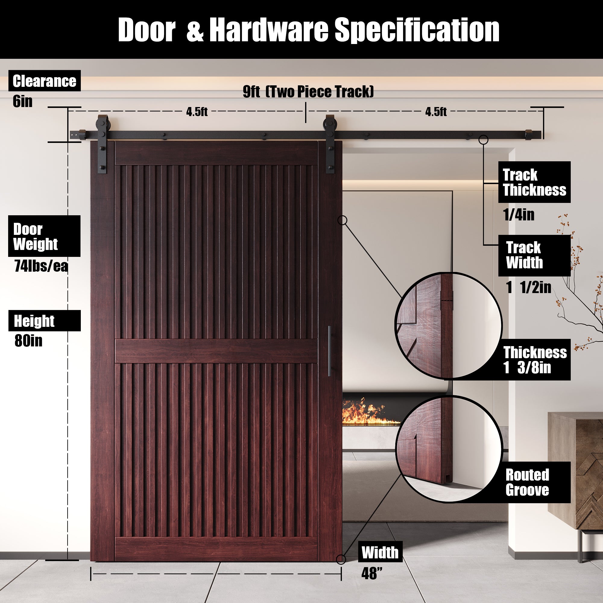 80" Height Red Mahogany Vertical Stripe Design Unassembled & Finished Pine Wood Barn Door with Non-Bypass Installation Hardware Kit(Interior Use Only)
