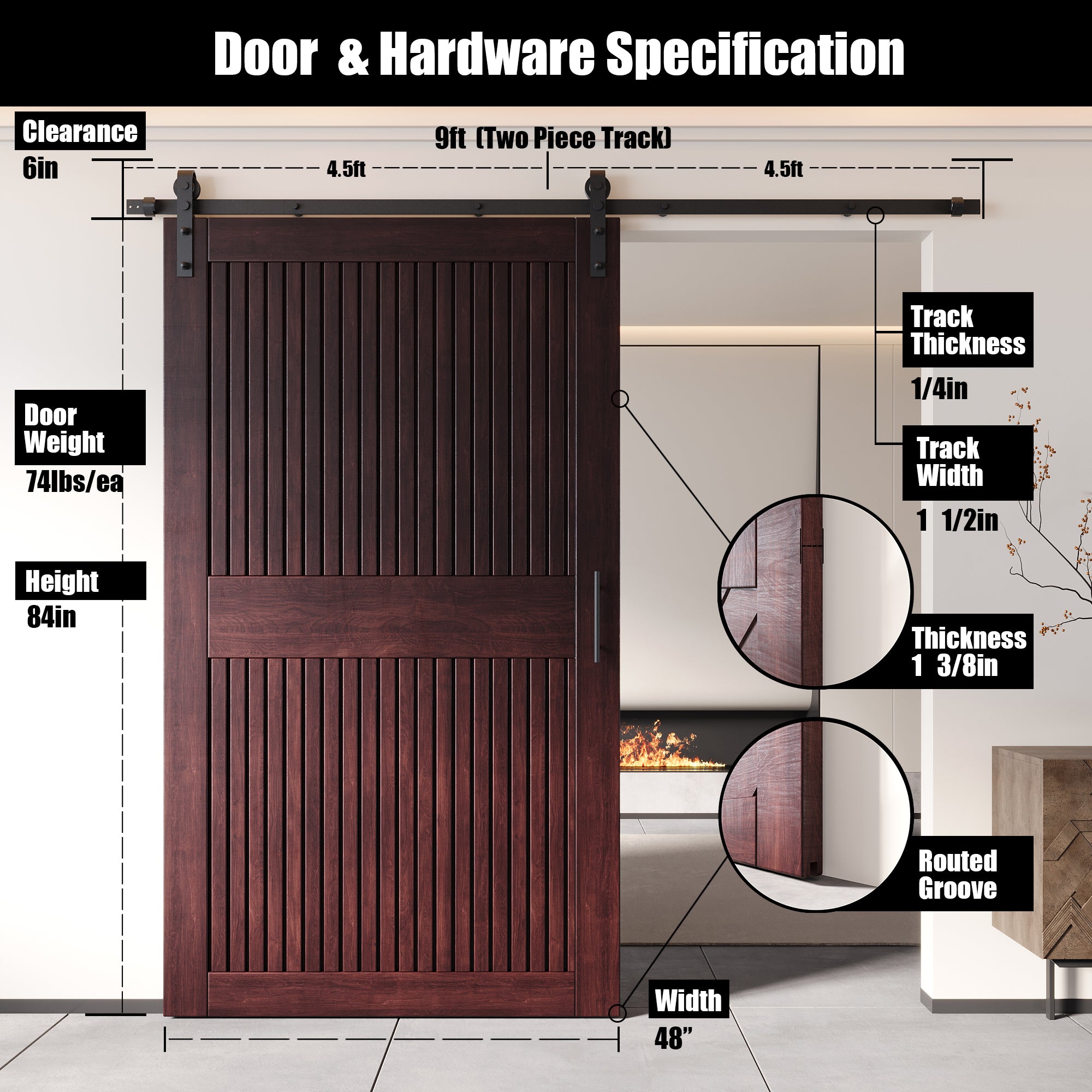 84" Height Red Mahogany Vertical Stripe Design Unassembled & Finished Pine Wood Barn Door with Non-Bypass Installation Hardware Kit(Interior Use Only)