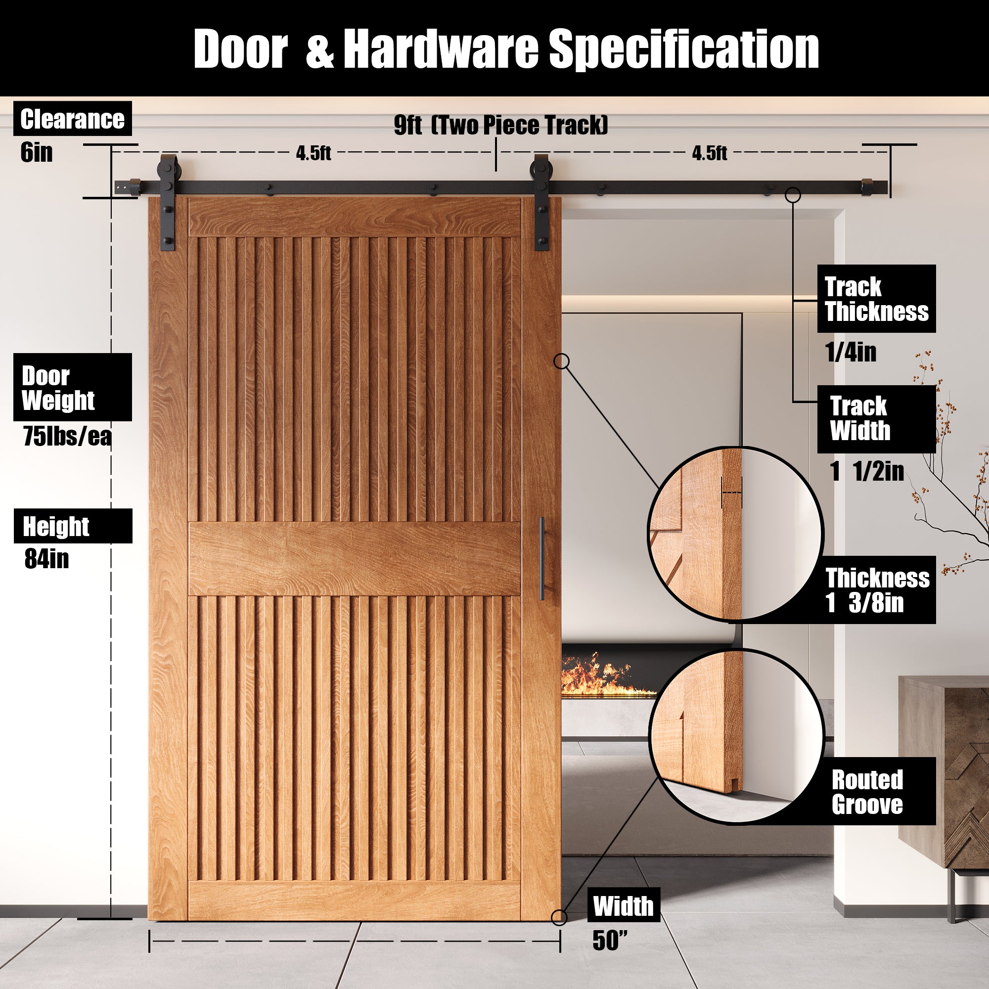 84" Height Early American Vertical Stripe Design Unassembled & Finished Pine Wood Barn Door with Non-Bypass Installation Hardware Kit(Interior Use Only)