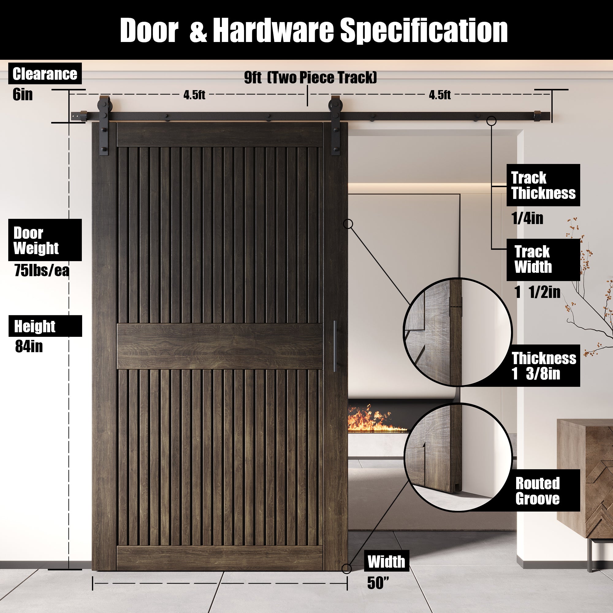 84" Height Ebony Vertical Stripe Design Unassembled & Finished Pine Wood Barn Door with Non-Bypass Installation Hardware Kit(Interior Use Only)