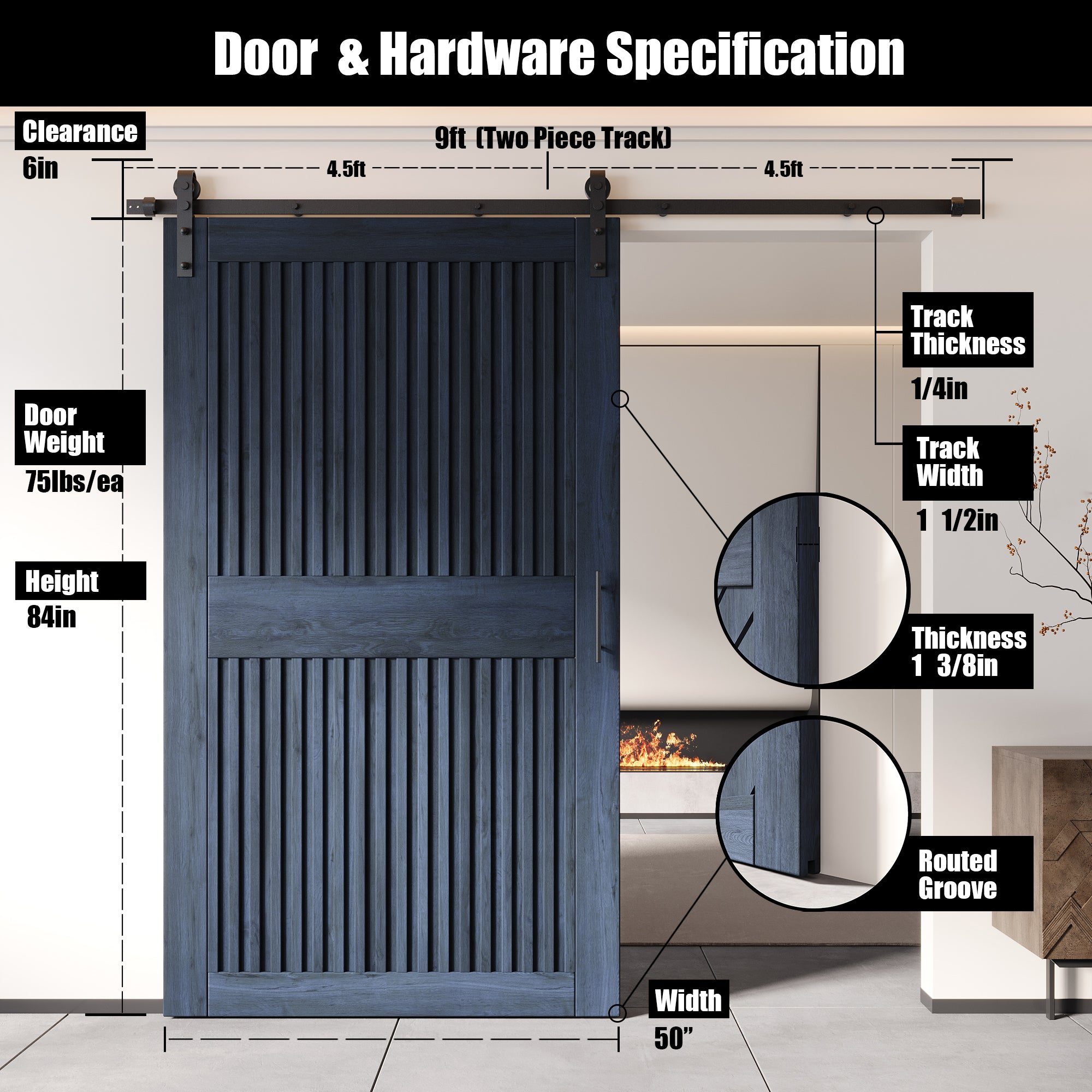 84" Height Navy Vertical Stripe Design Unassembled & Finished Pine Wood Barn Door with Non-Bypass Installation Hardware Kit(Interior Use Only)
