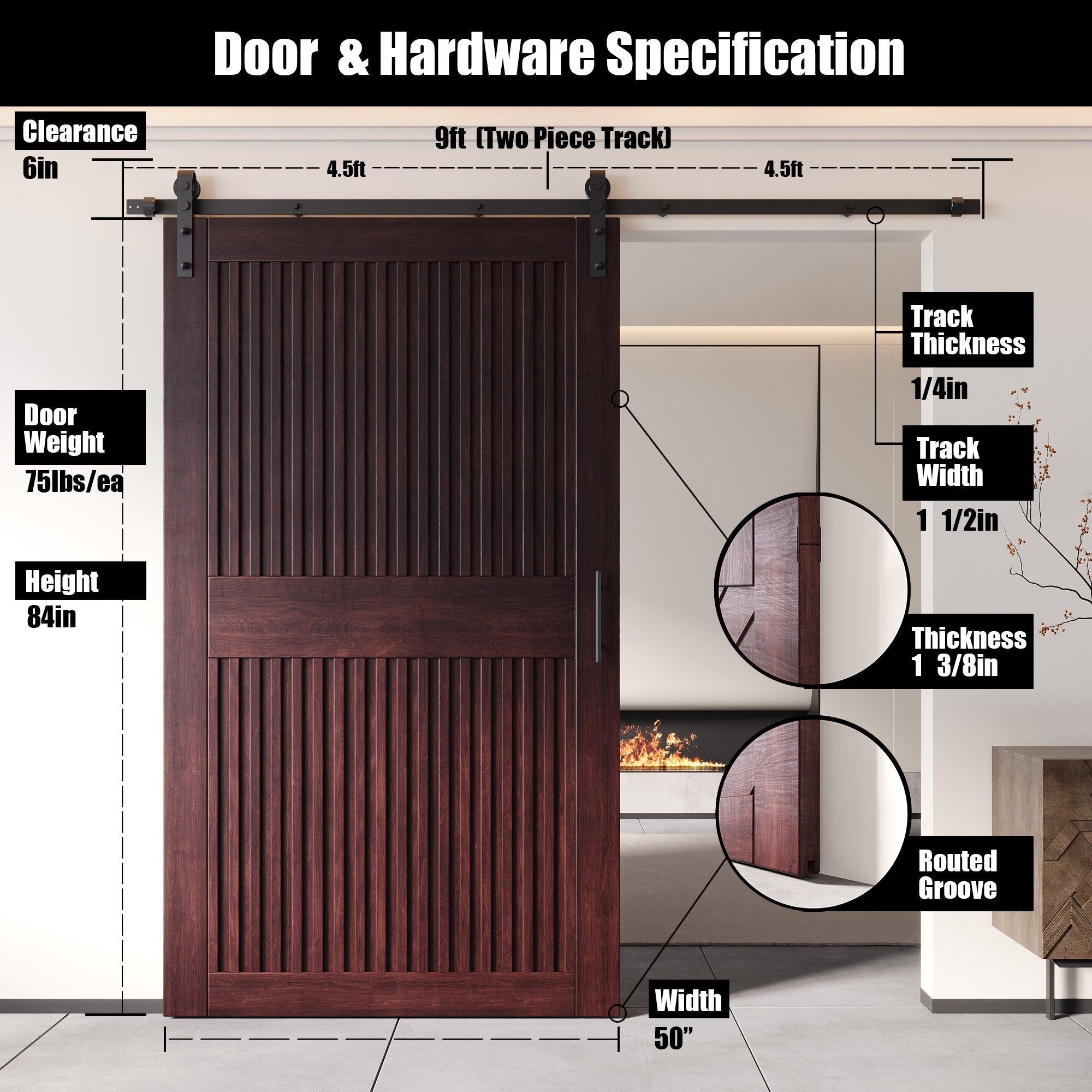 84" Height Red Mahogany Vertical Stripe Design Unassembled & Finished Pine Wood Barn Door with Non-Bypass Installation Hardware Kit(Interior Use Only)