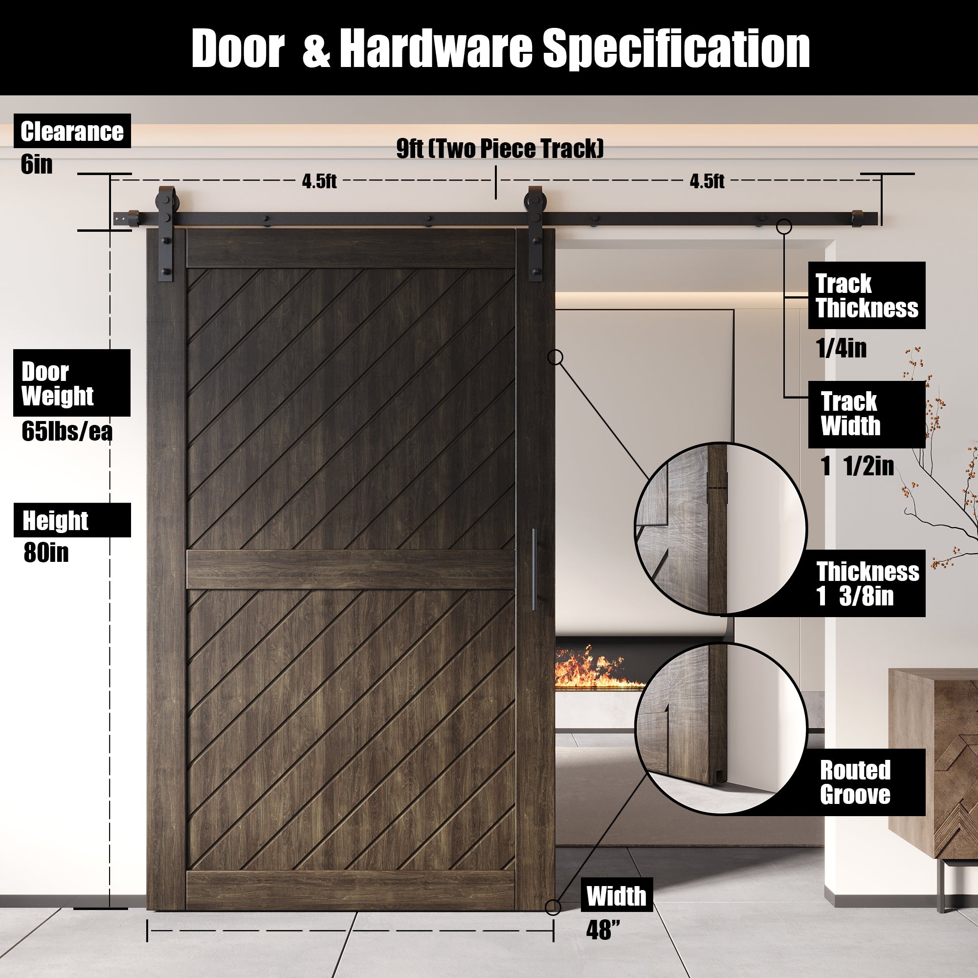 80" ebony pine wood door