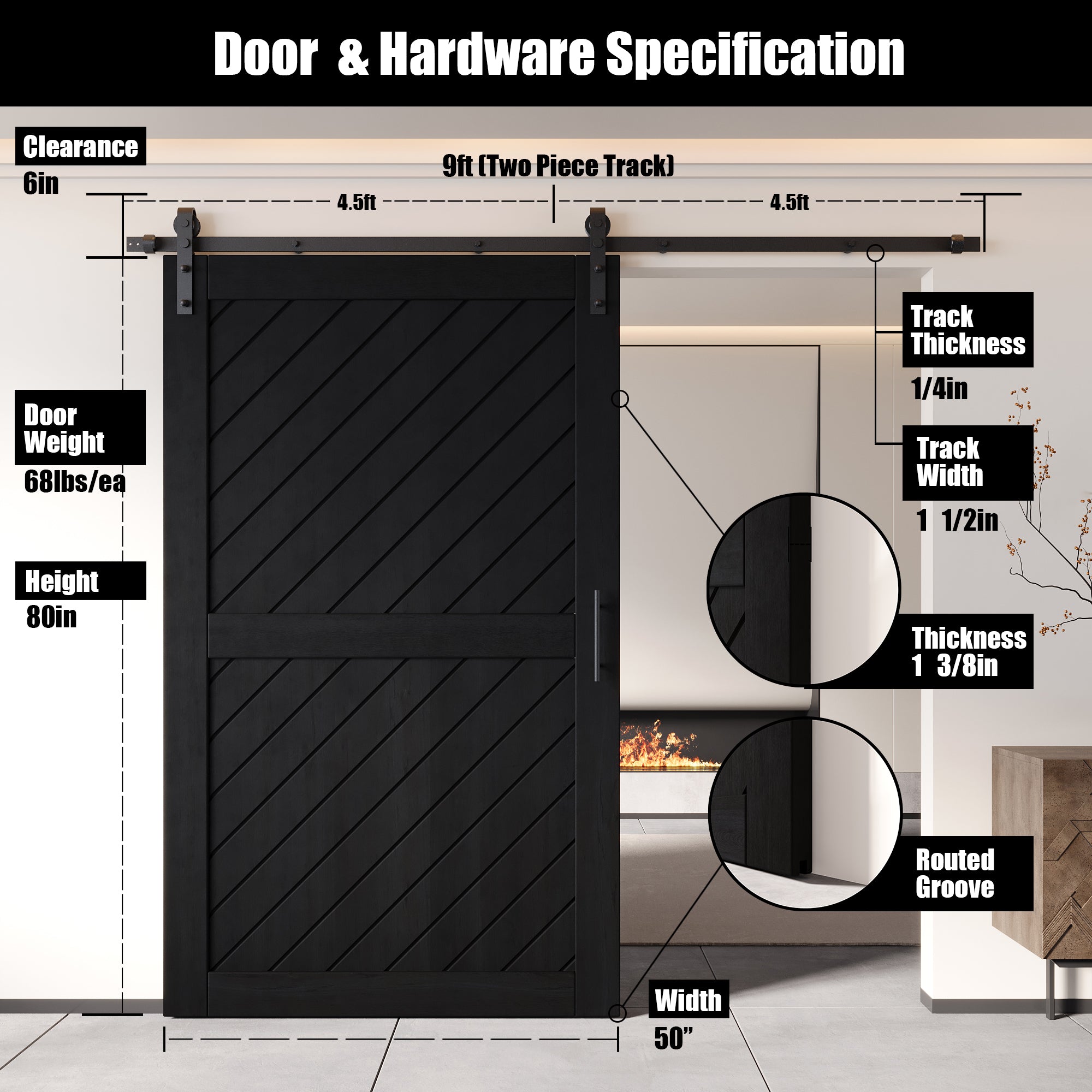 80" non-bypass black barn door