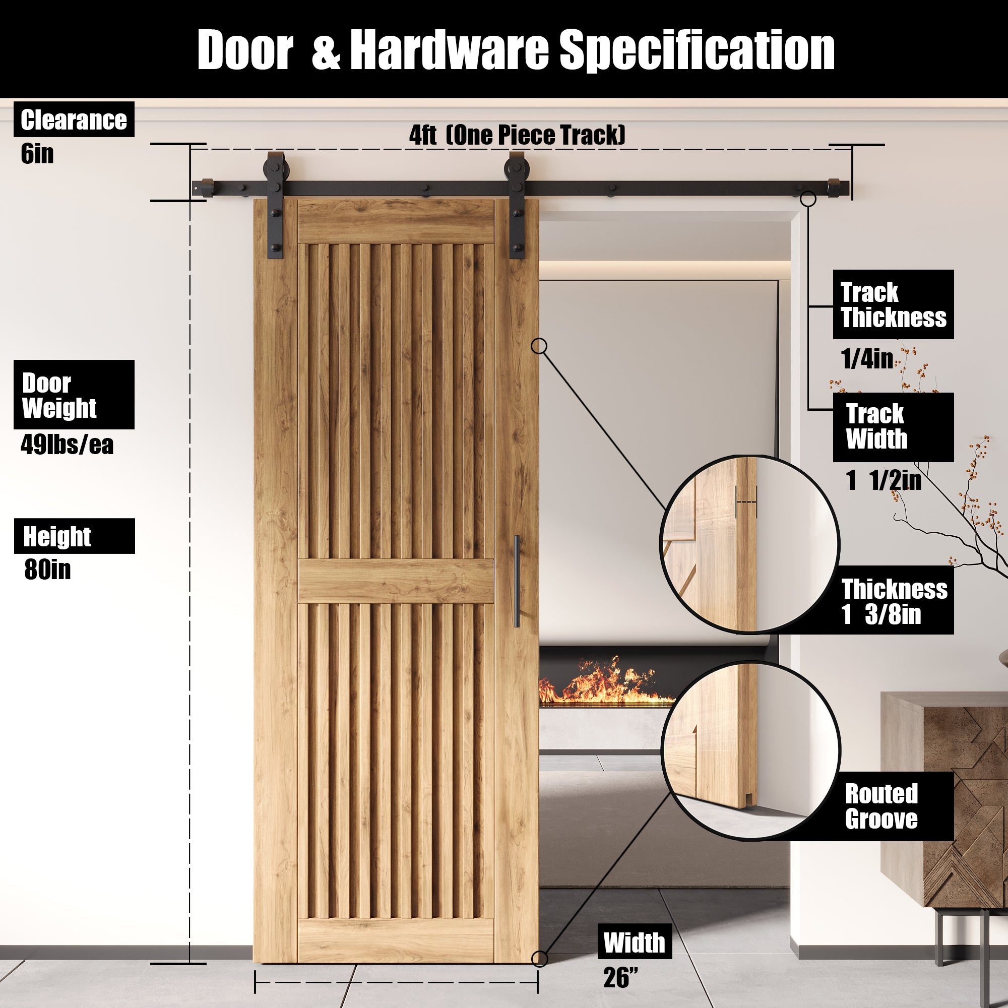 80" Height Vertical Stripe Design Unassembled & Unfinished Pine Wood Barn Door with Non-Bypass Installation Hardware Kit (Interior Use Only)