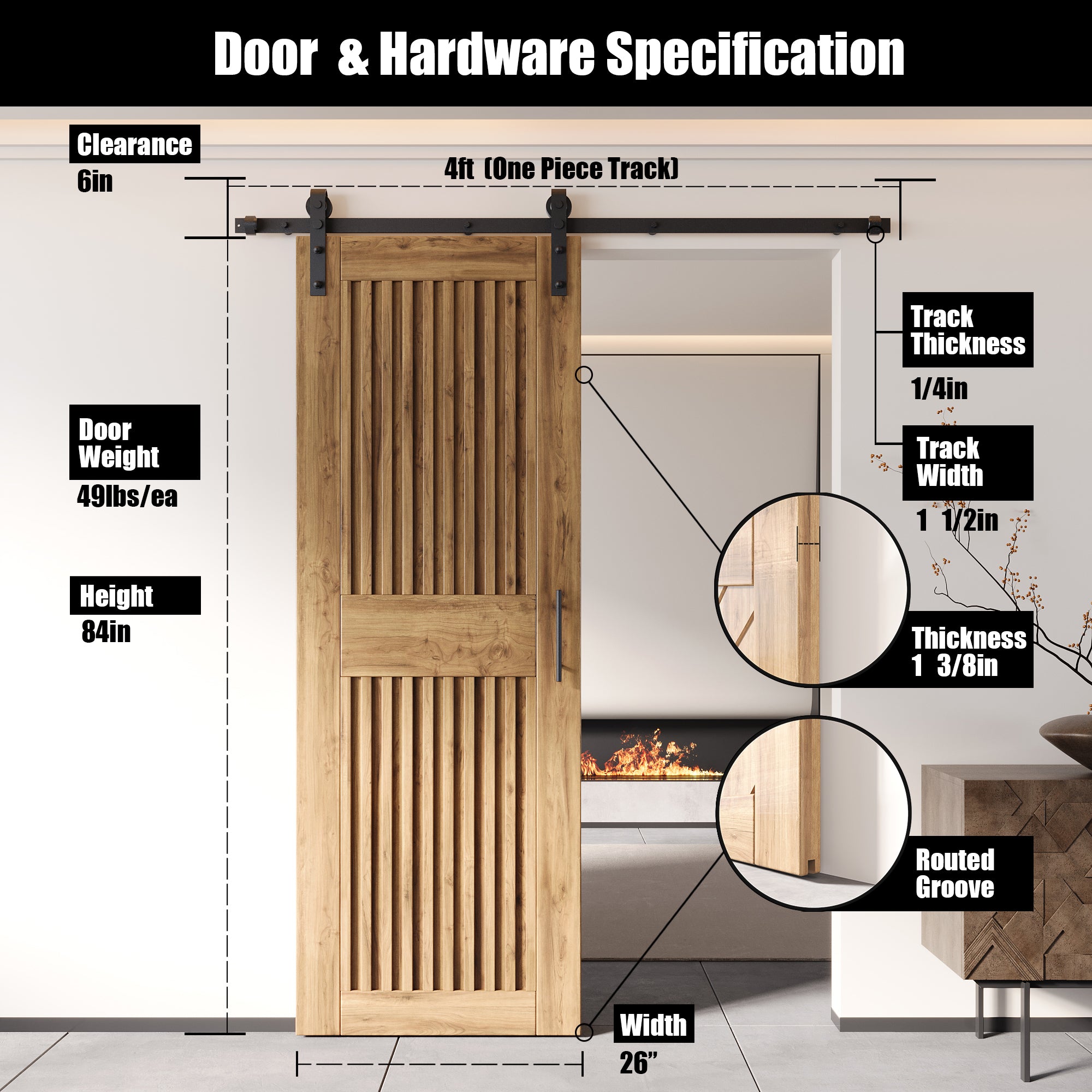84" Height Vertical Stripe Design Unassembled & Unfinished Pine Wood Barn Door with Non-Bypass Installation Hardware Kit(Interior Use Only)