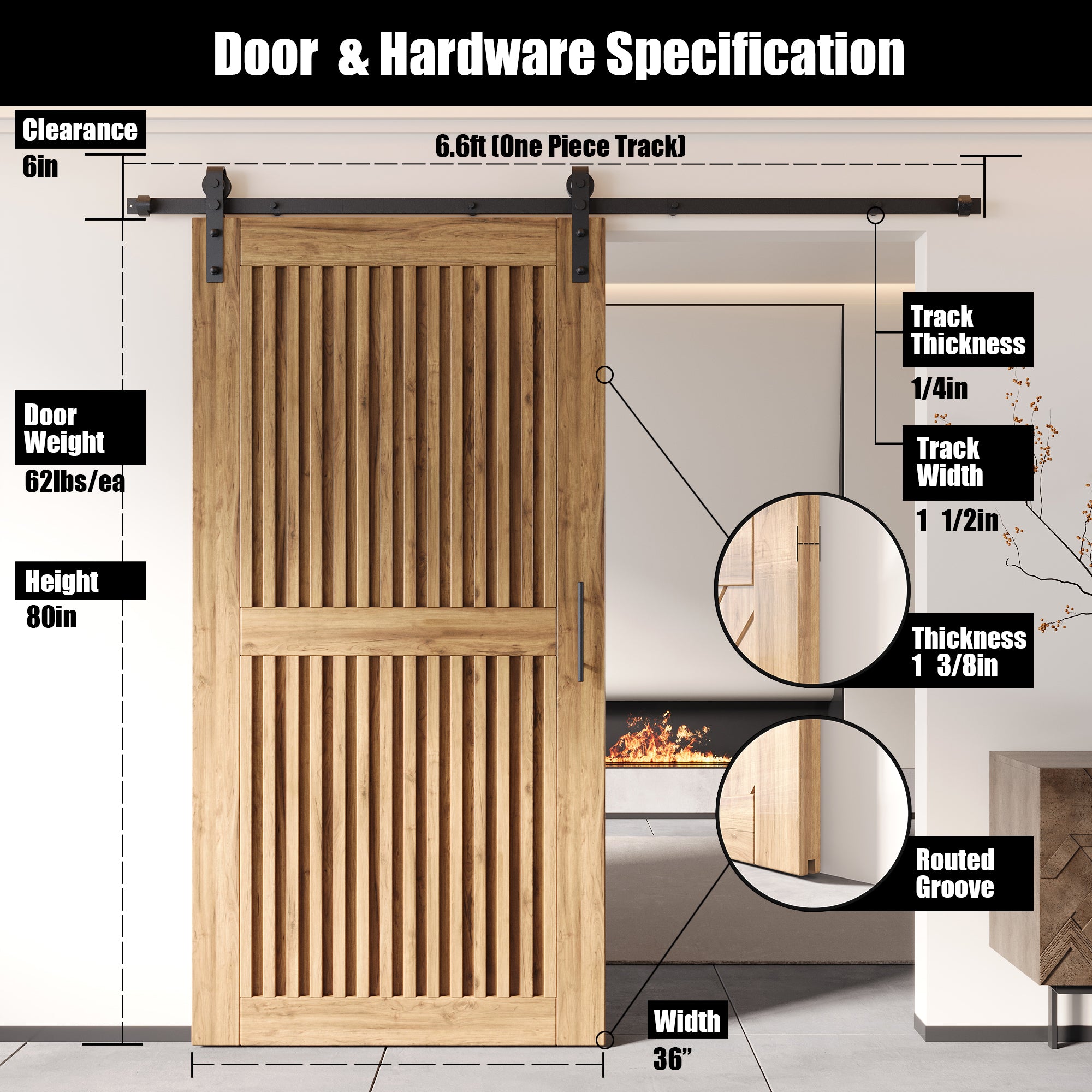 80" Height Vertical Stripe Design Unassembled & Unfinished Pine Wood Barn Door with Non-Bypass Installation Hardware Kit (Interior Use Only)