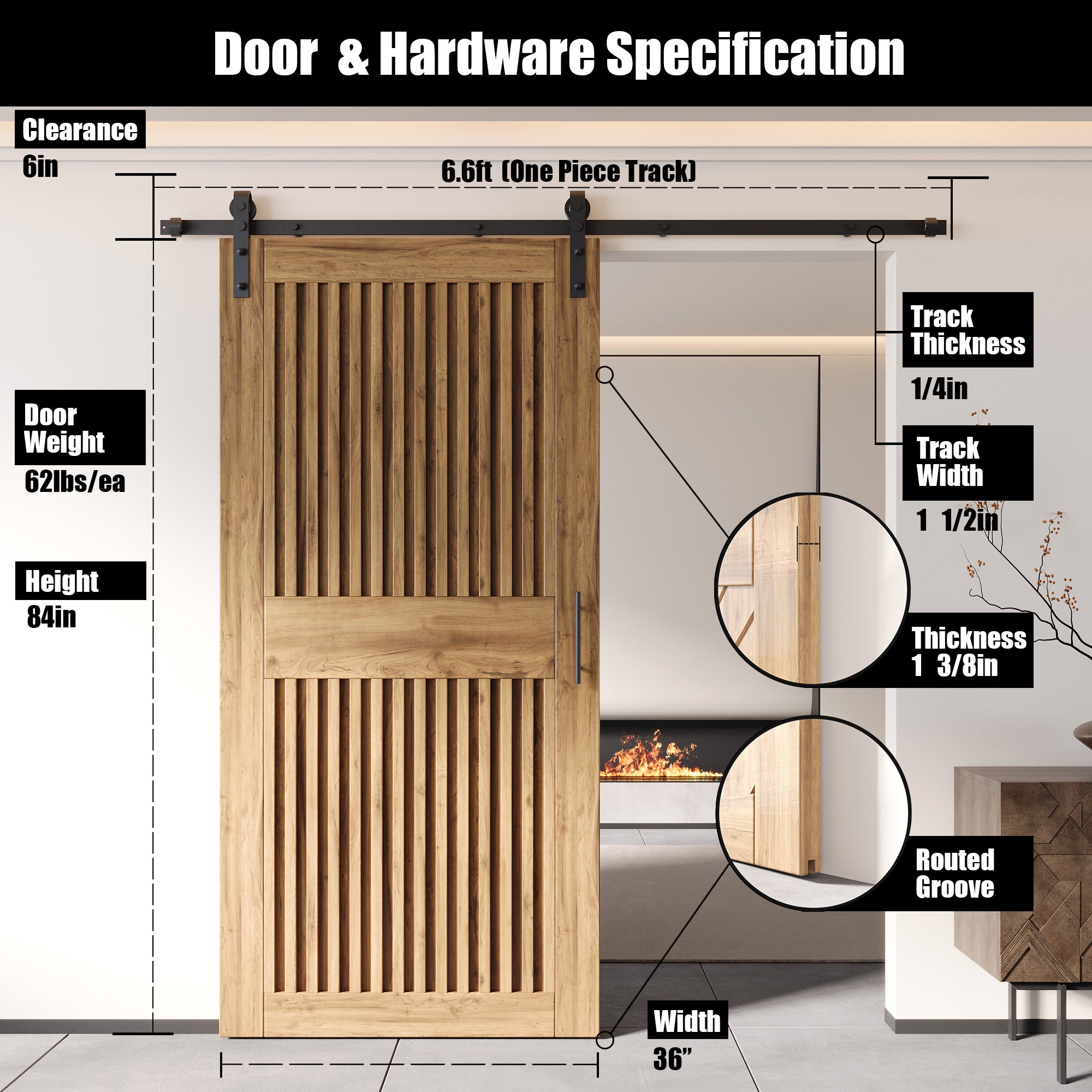 84" Height Vertical Stripe Design Unassembled & Unfinished Pine Wood Barn Door with Non-Bypass Installation Hardware Kit(Interior Use Only)