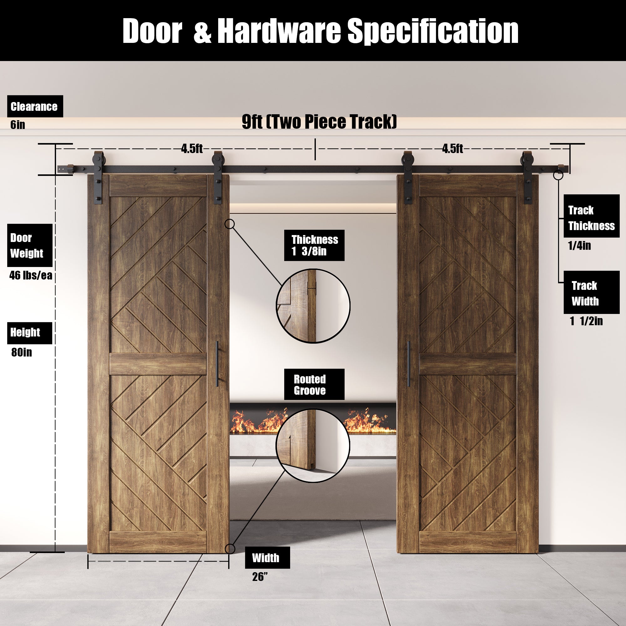 double barn doors with single track non bypass hardware kit, dark walnut finish