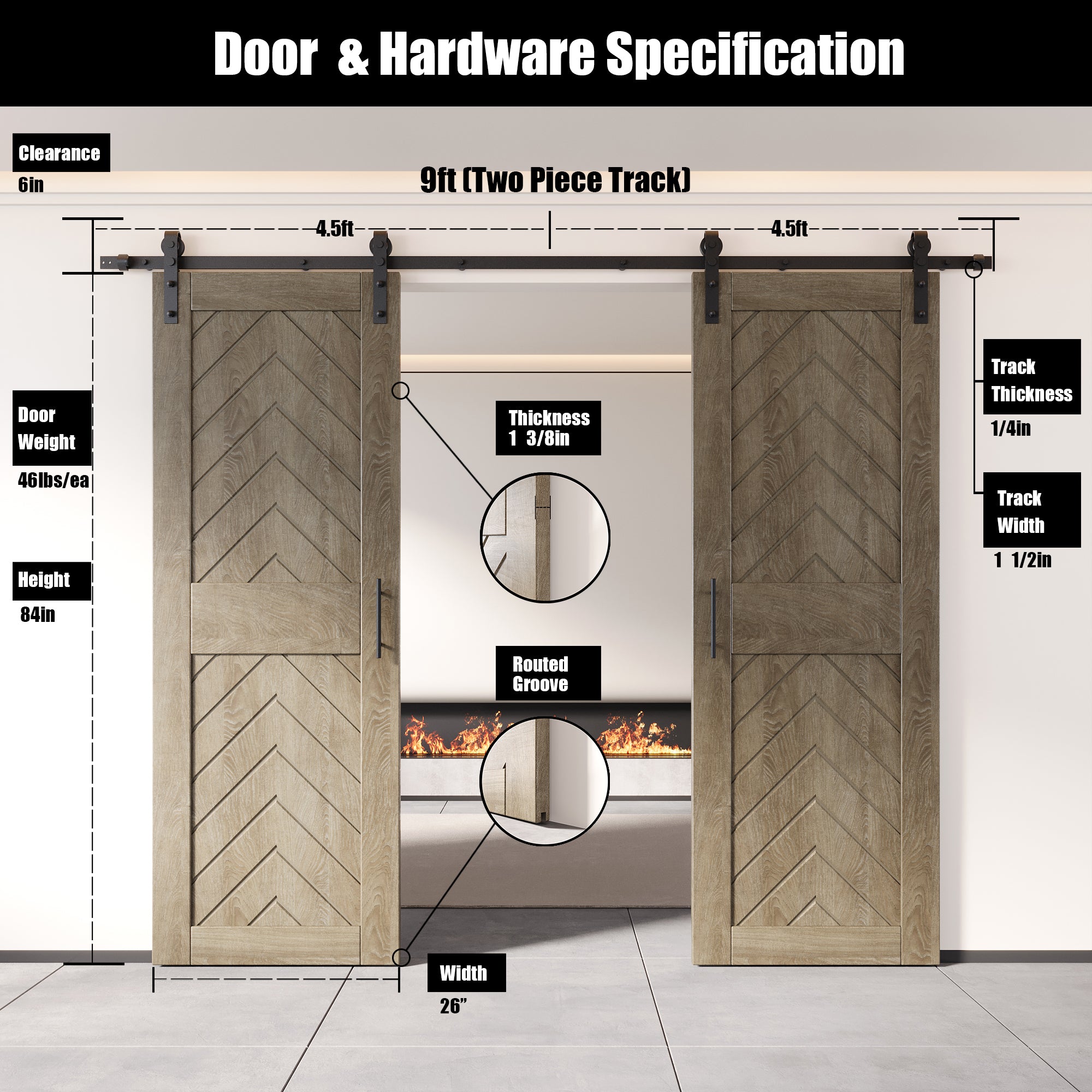sliding barn door hardware kit with two doors pine wood barn door gray fishbone design