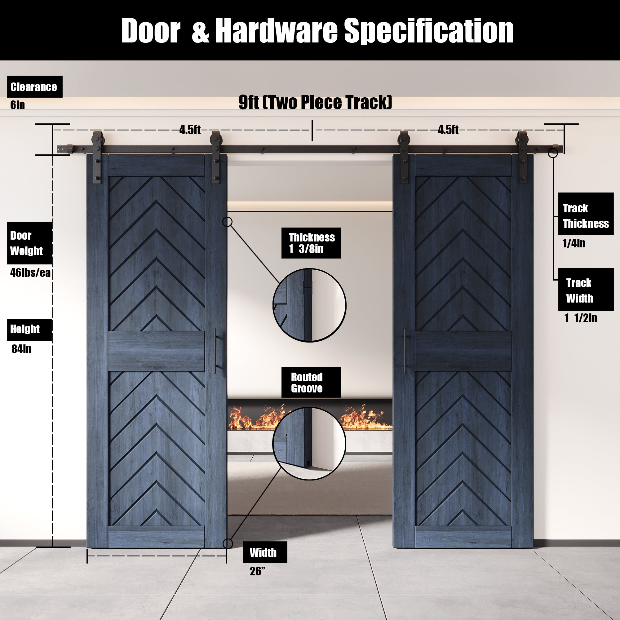 sliding barn door hardware kit with two doors pine wood barn door navy fishbone design