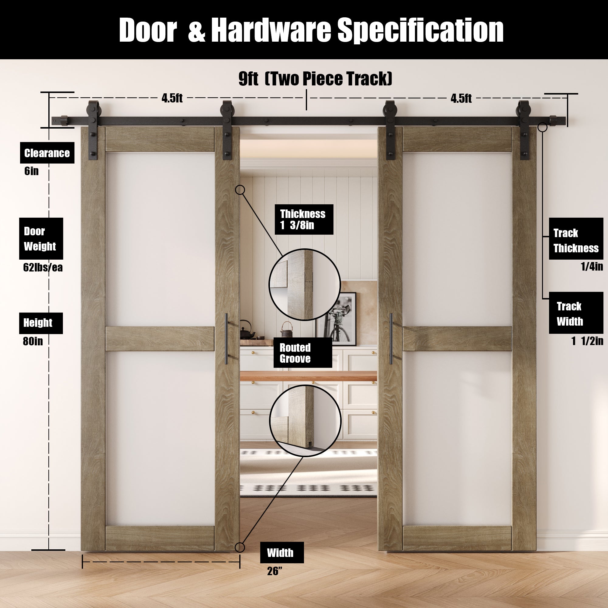 80" Height Classic Gray 2-Lite Frosted Glass Double Unassembled & Finished Pine Wood Barn Doors with Non-Bypass Installation Hardware Kit (Interior Use Only)
