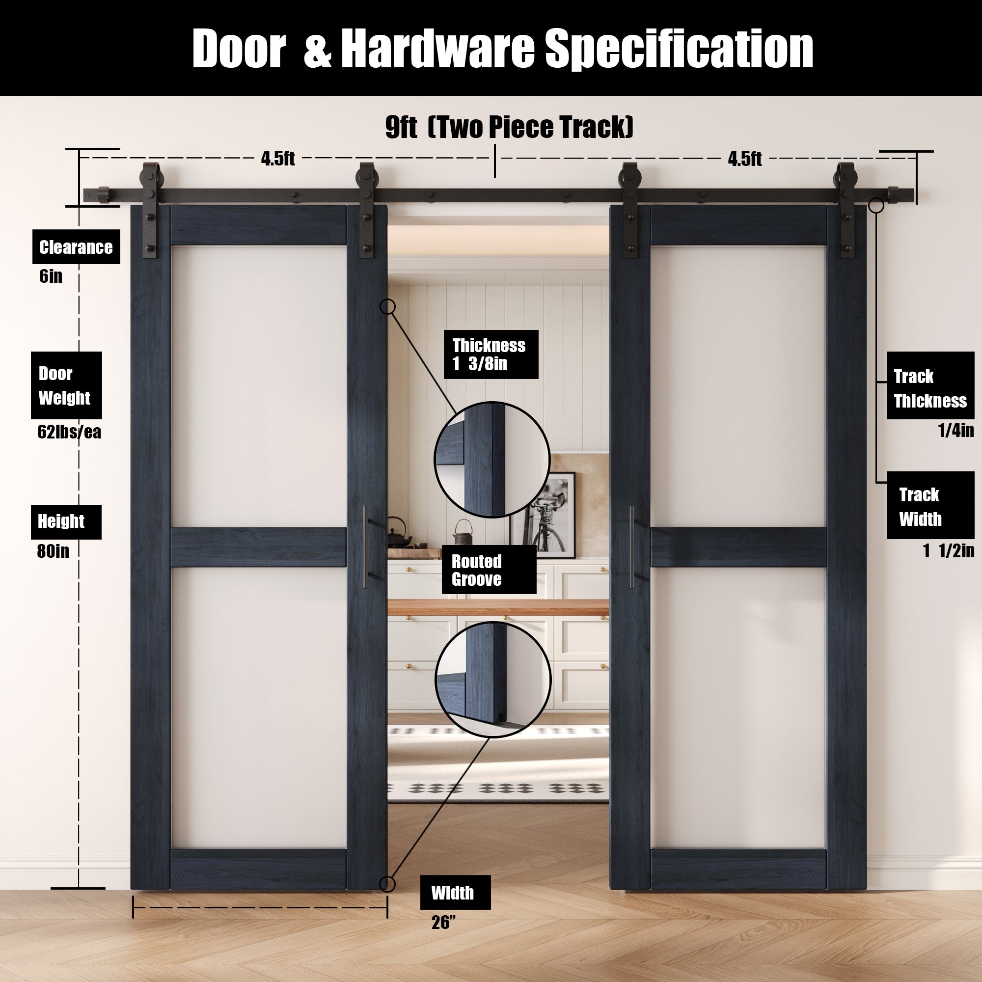 80" Height Navy 2-Lite Frosted Glass Double Unassembled & Finished Pine Wood Barn Doors with Non-Bypass Installation Hardware Kit (Interior Use Only)