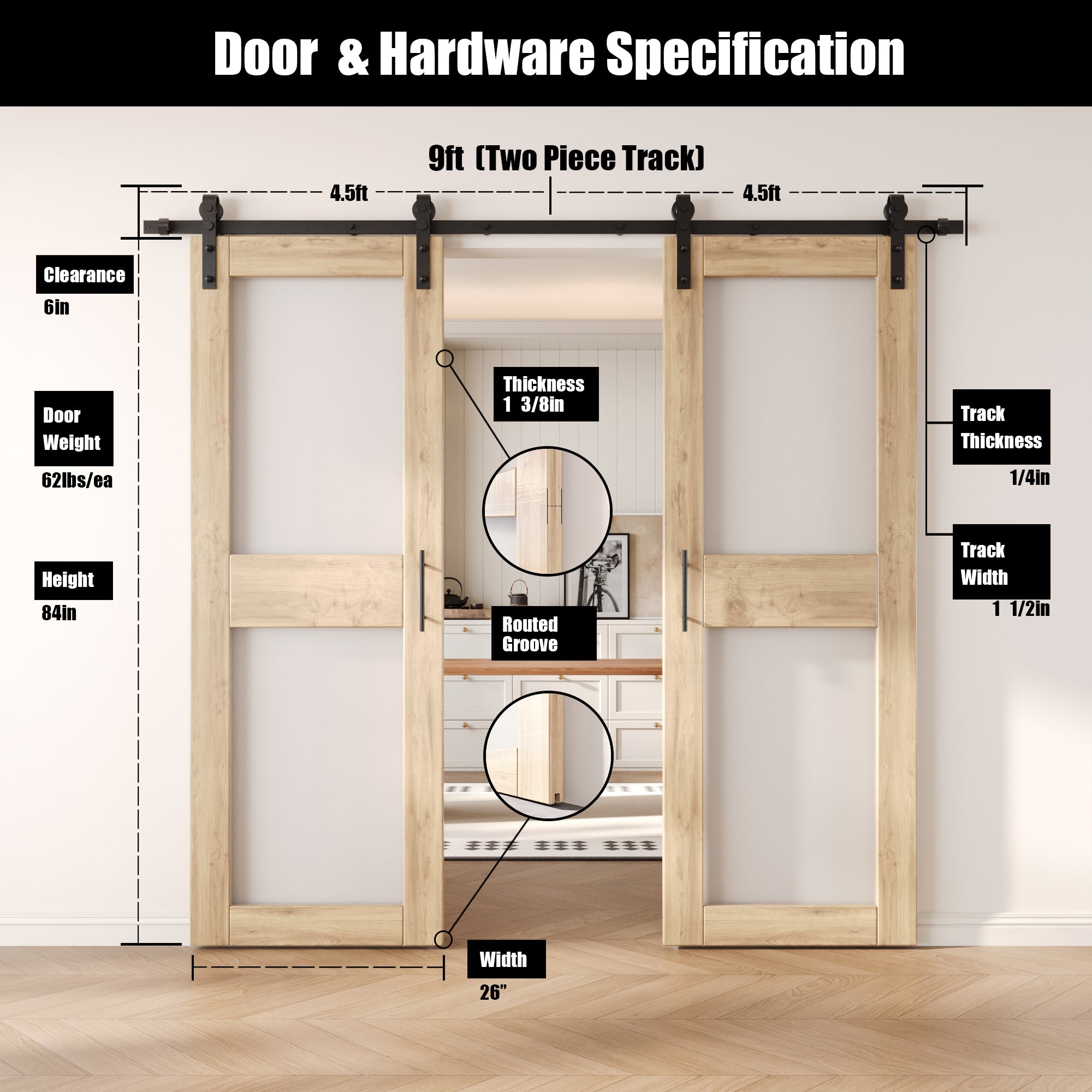 84" Height 2-Lite Frosted Glass Double Unassembled & Unfinished Pine Wood Barn Doors with Non-Bypass Installation Hardware Kit (Interior Use Only)