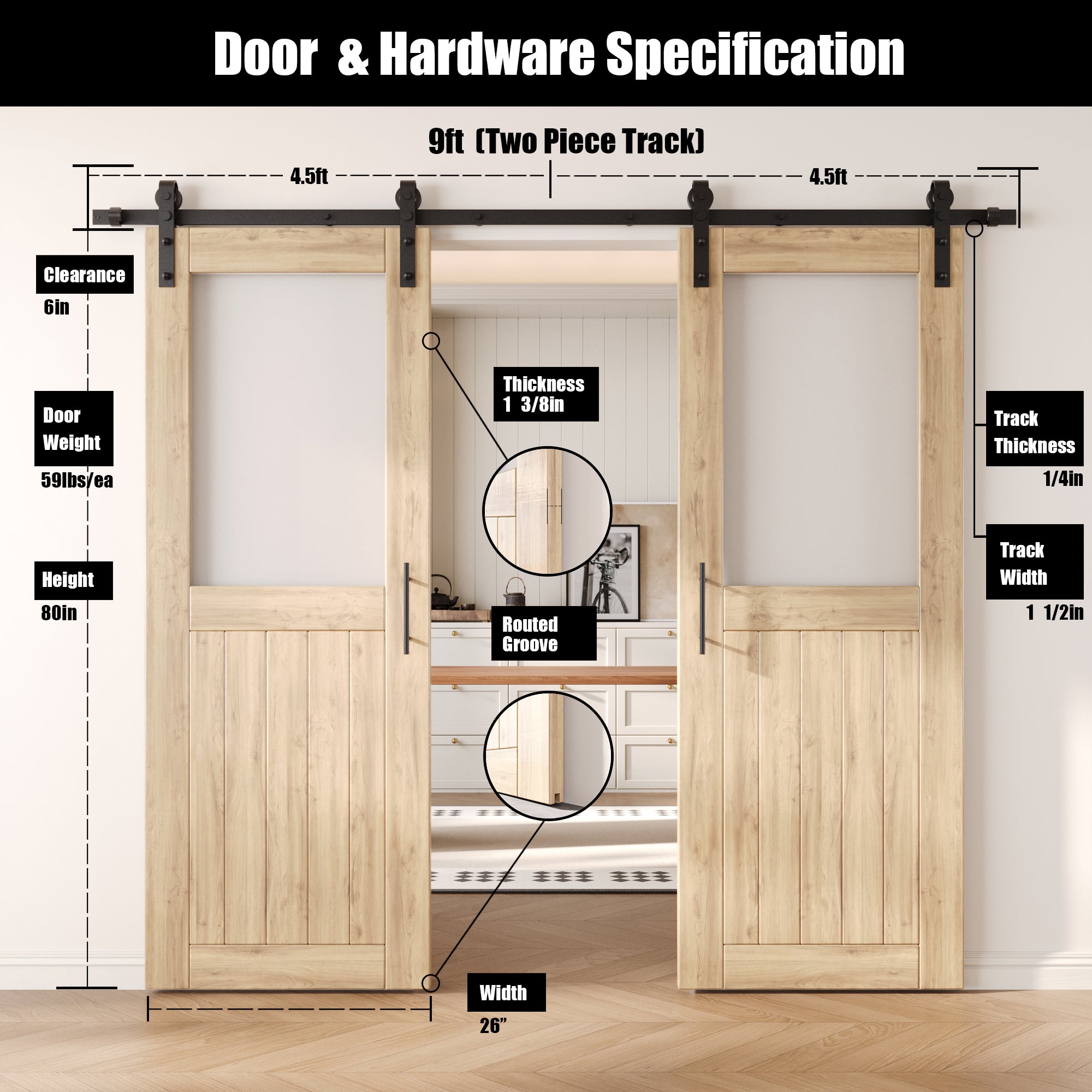 80" Height Half Lite Frosted Glass Double Unassembled & Unfinished Pine Wood Barn Door with Non-Bypass Installation Hardware Kit (Interior Use Only)