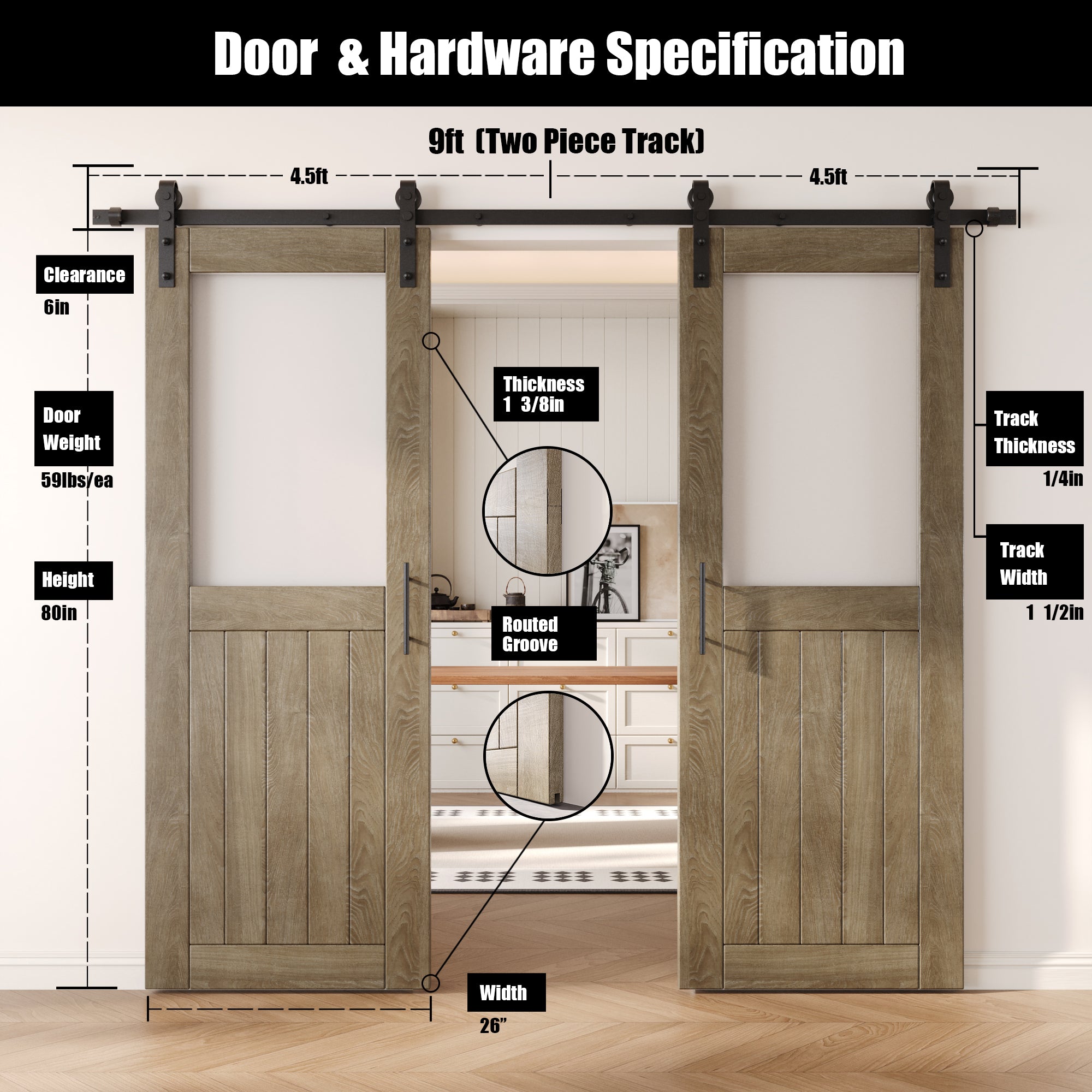 80" Height Classic Gray Half Lite Frosted Glass Double Unassembled & Finished Pine Wood Barn Door with Non-Bypass Installation Hardware Kit (Interior Use Only)