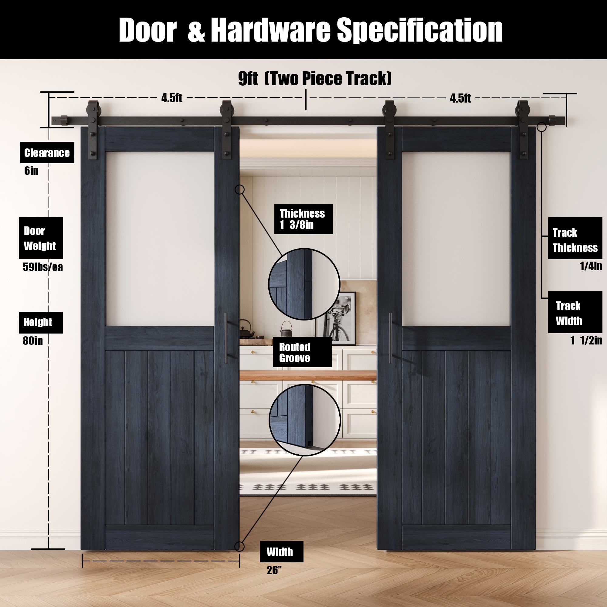 80" Height Navy Half Lite Frosted Glass Double Unassembled & Finished Pine Wood Barn Door with Non-Bypass Installation Hardware Kit (Interior Use Only)