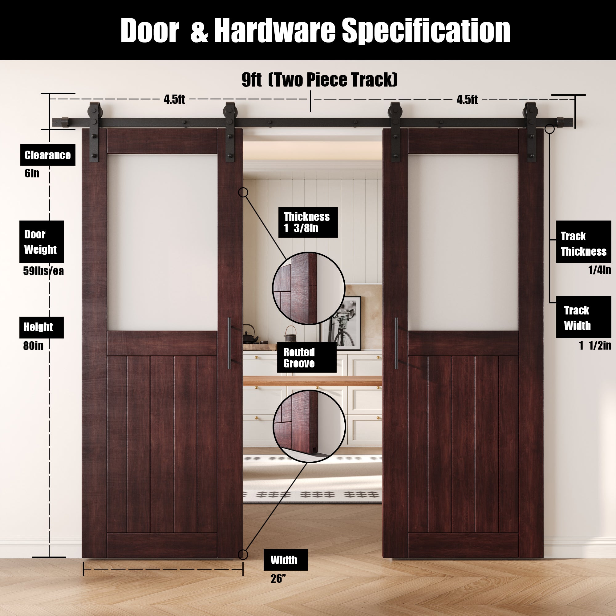 80" Height Red Mahogany Half Lite Frosted Glass Double Unassembled & Finished Pine Wood Barn Door with Non-Bypass Installation Hardware Kit (Interior Use Only)
