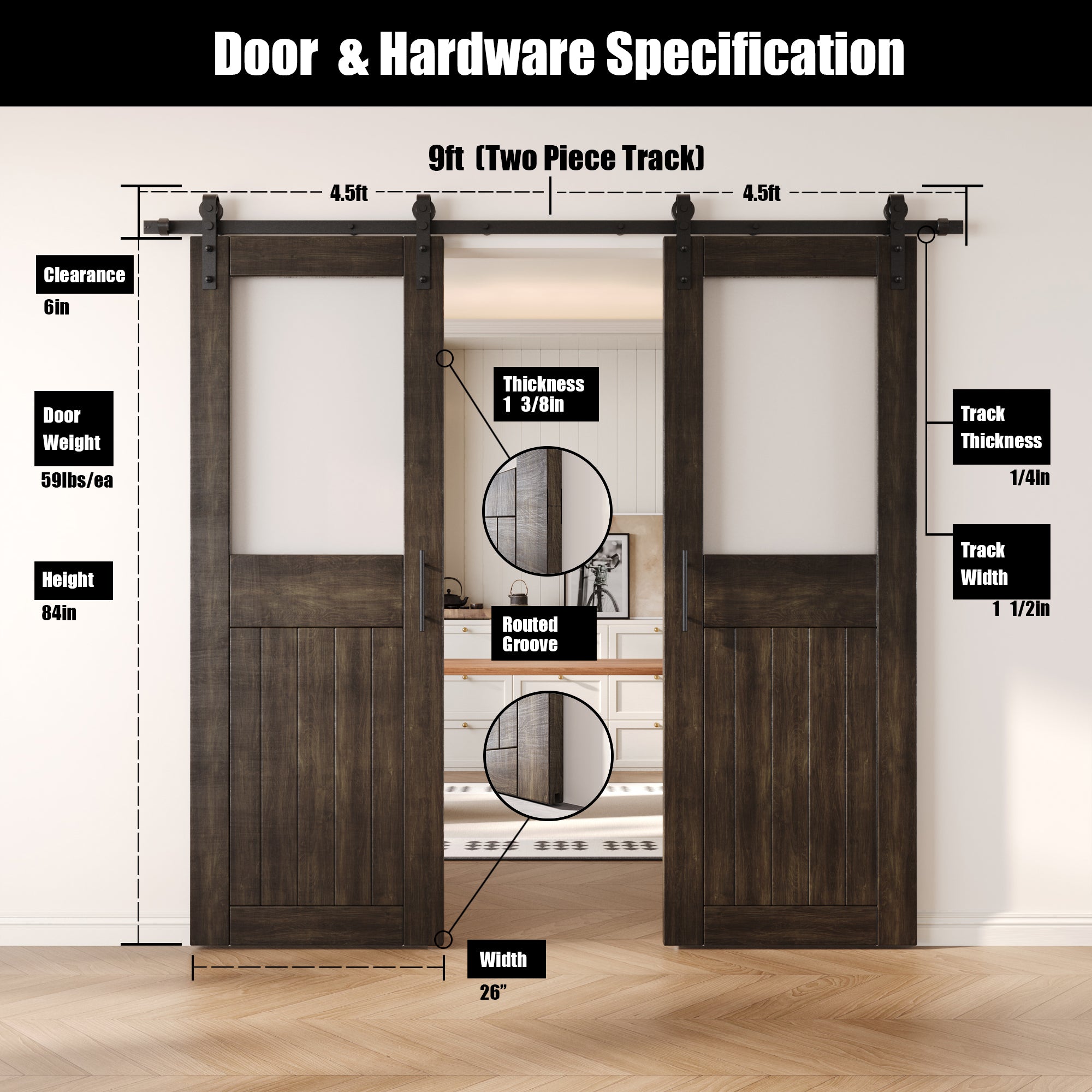 84" Height Ebony Half Lite Frosted Glass Double Unassembled & Finished Pine Wood Barn Door with Non-Bypass Installation Hardware Kit (Interior Use Only)