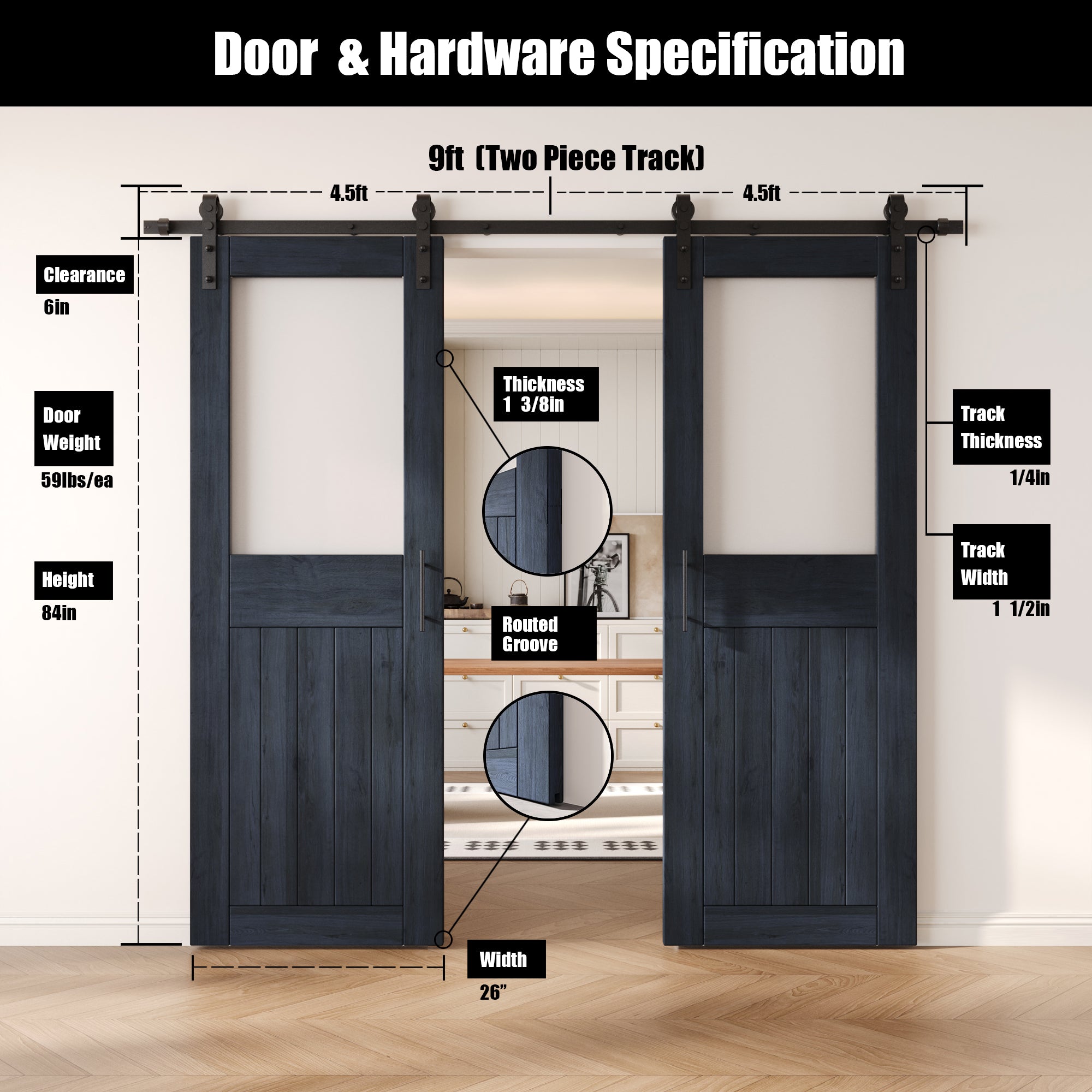 84" Height Navy Half Lite Frosted Glass Double Unassembled & Finished Pine Wood Barn Door with Non-Bypass Installation Hardware Kit (Interior Use Only)