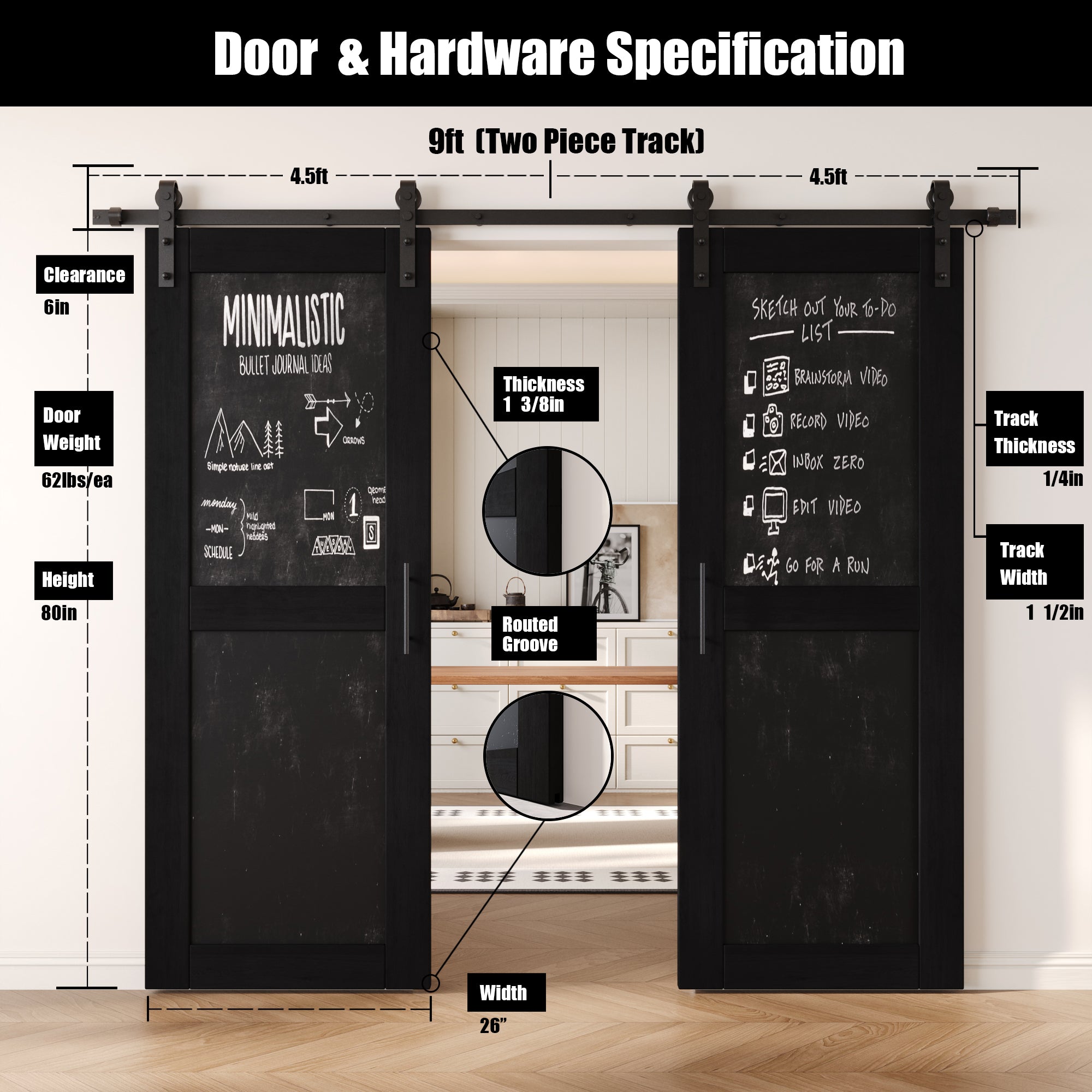 80" Height Black Chalkboard Design Double Unassembled & Finished Pine Wood Barn Doors with Non-Bypass Installation Hardware Kit (Interior Use Only)
